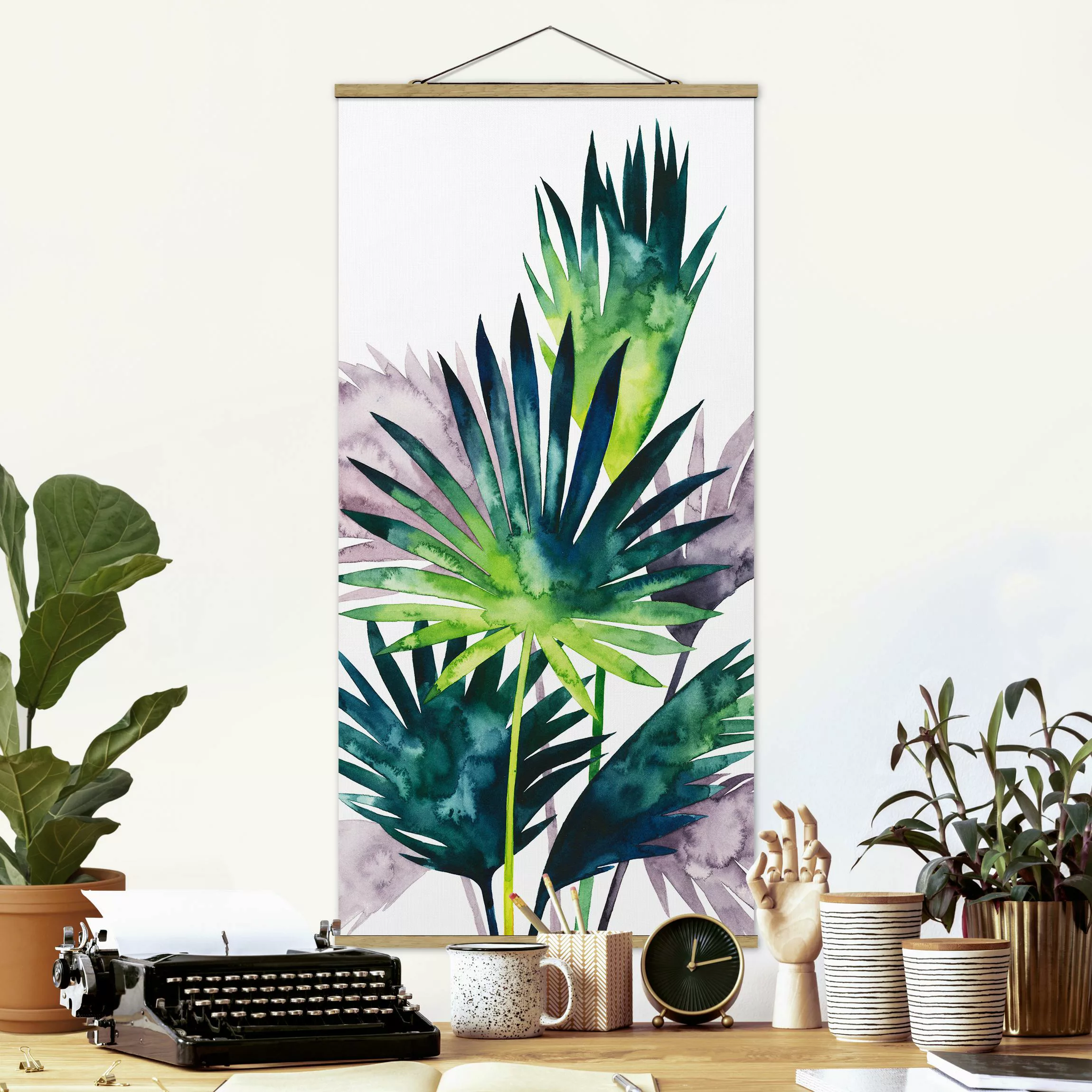 Stoffbild Blumen mit Posterleisten - Hochformat Exotisches Blattwerk - Fäch günstig online kaufen