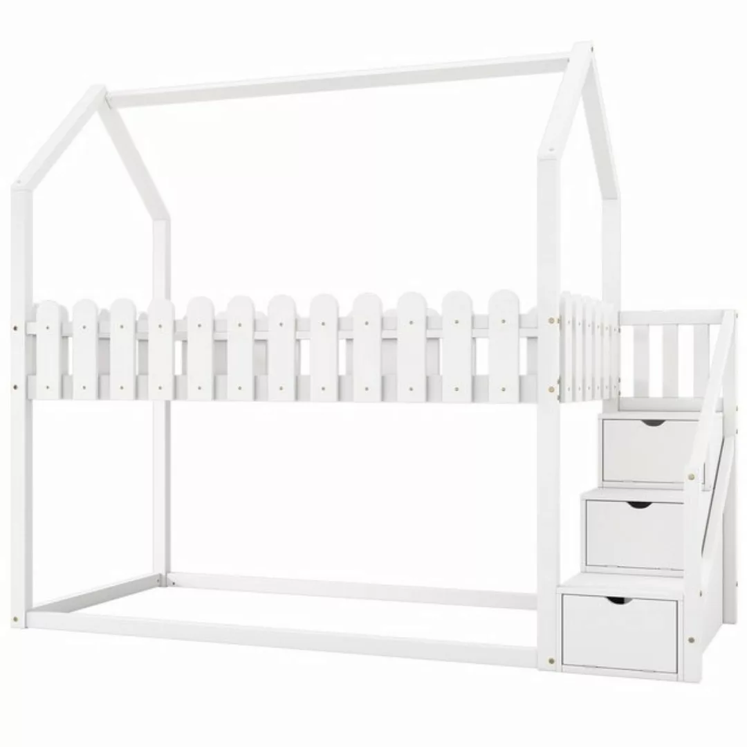 HAUSS SPLOE Kinderbett 90x200 mit 3 Treppen, 3 Ablagefächer, Zaundekor, Ohn günstig online kaufen