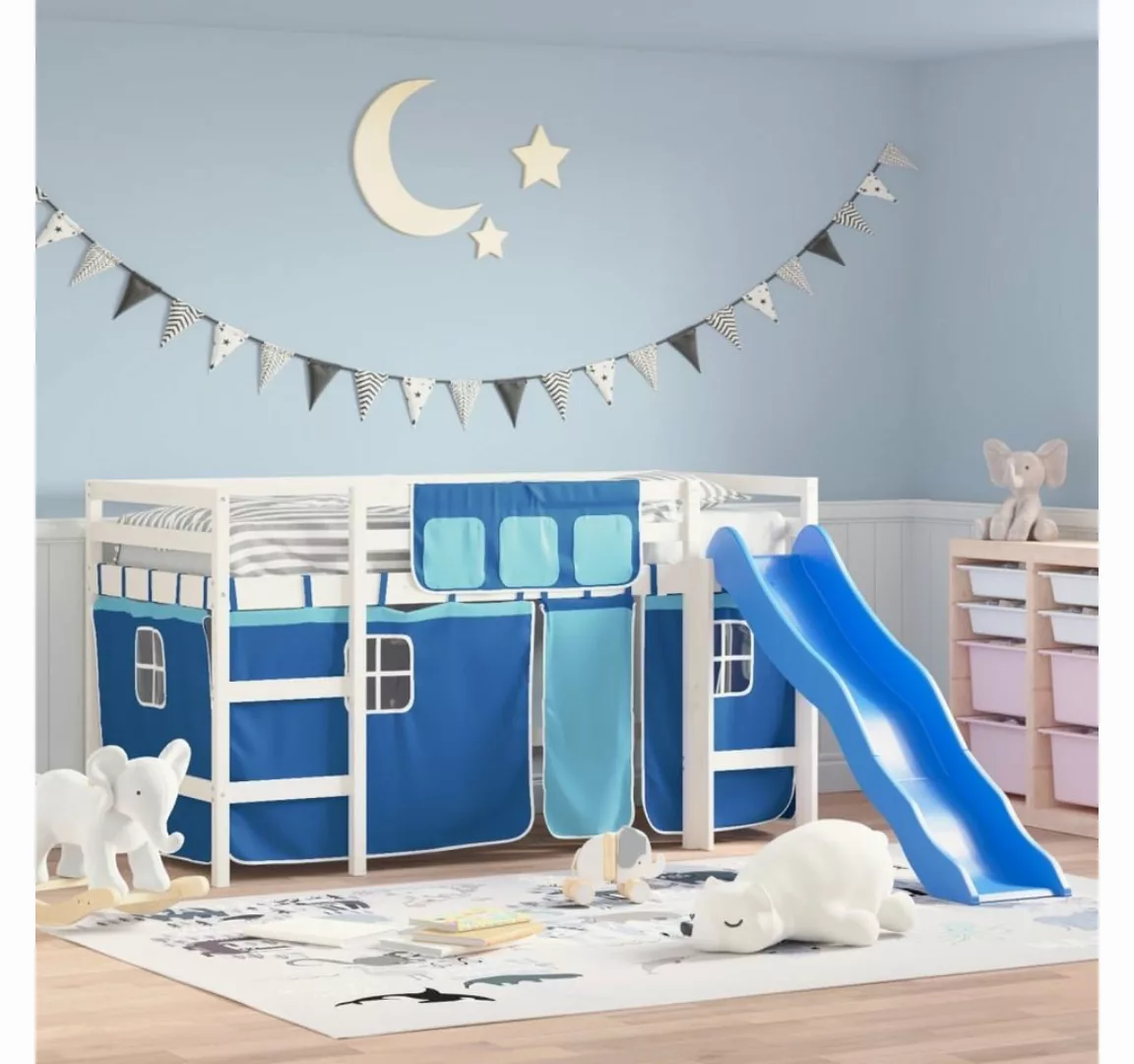 vidaXL Kinderbett Kinderhochbett mit Vorhängen Blau 90x190 cm Massivholz Ki günstig online kaufen