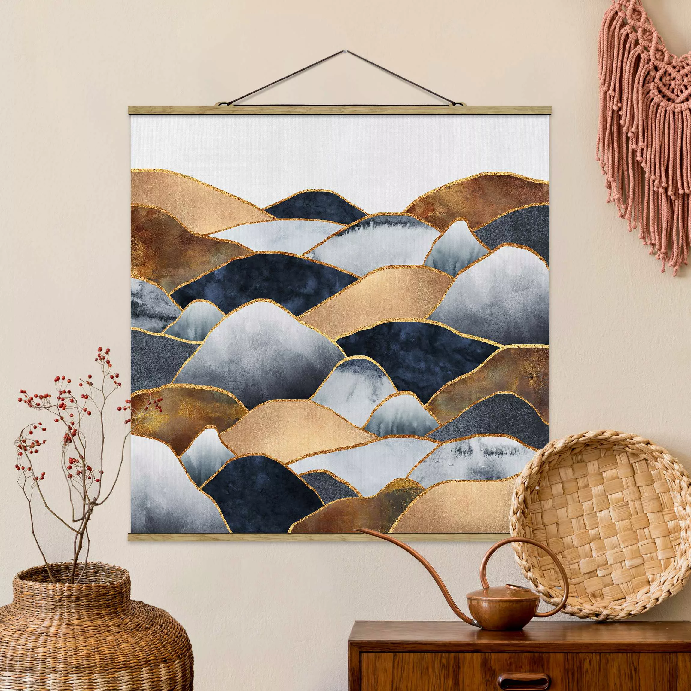 Stoffbild Abstrakt mit Posterleisten - Quadrat Goldene Berge Aquarell günstig online kaufen