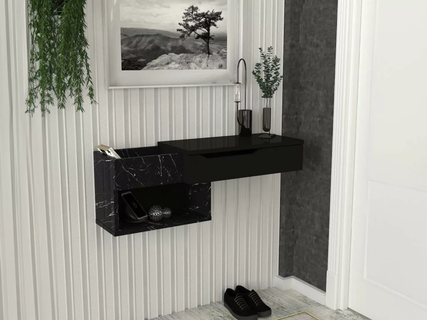 Wandkonsole hängend - 1 Schublade & 2 Ablagefächer - Marmor-Optik schwarz - günstig online kaufen