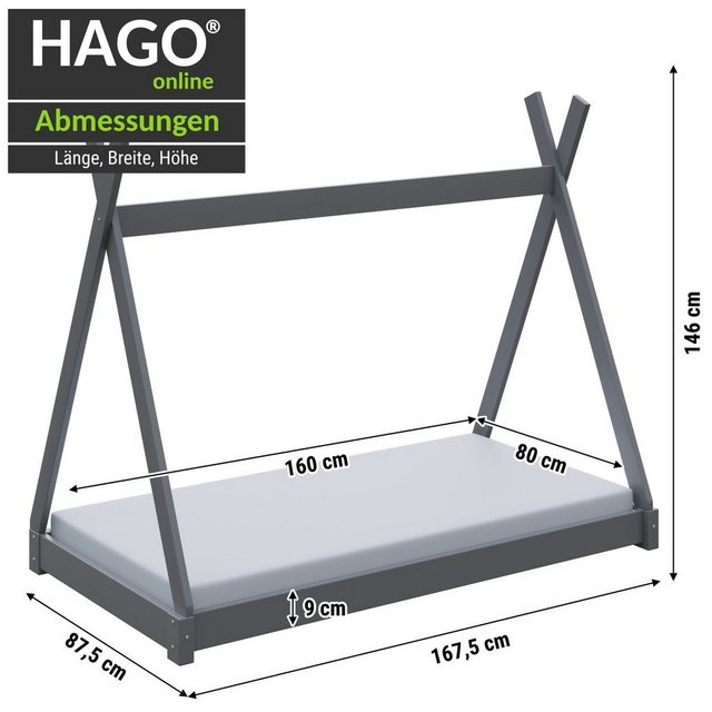 HAGO Kinderbett Montessori Kinderbett 160x80cm grau Tipi Spielbett Zeltform günstig online kaufen