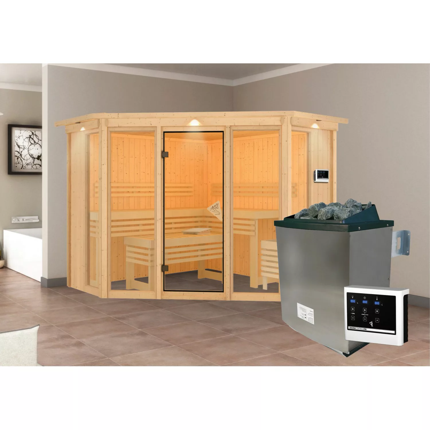 Karibu Sauna Anea 2 mit Ofen externe Stg.LED-Dachkranz Natur günstig online kaufen