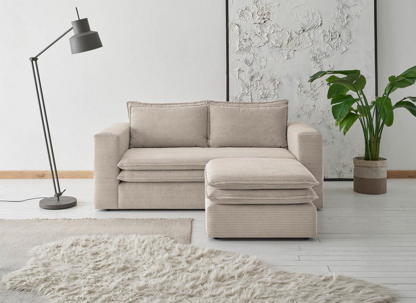 Design-Wohngalerie Sofa Couch 2 Sitzer + Hocker Set Piagge - Cordstoff Hell günstig online kaufen