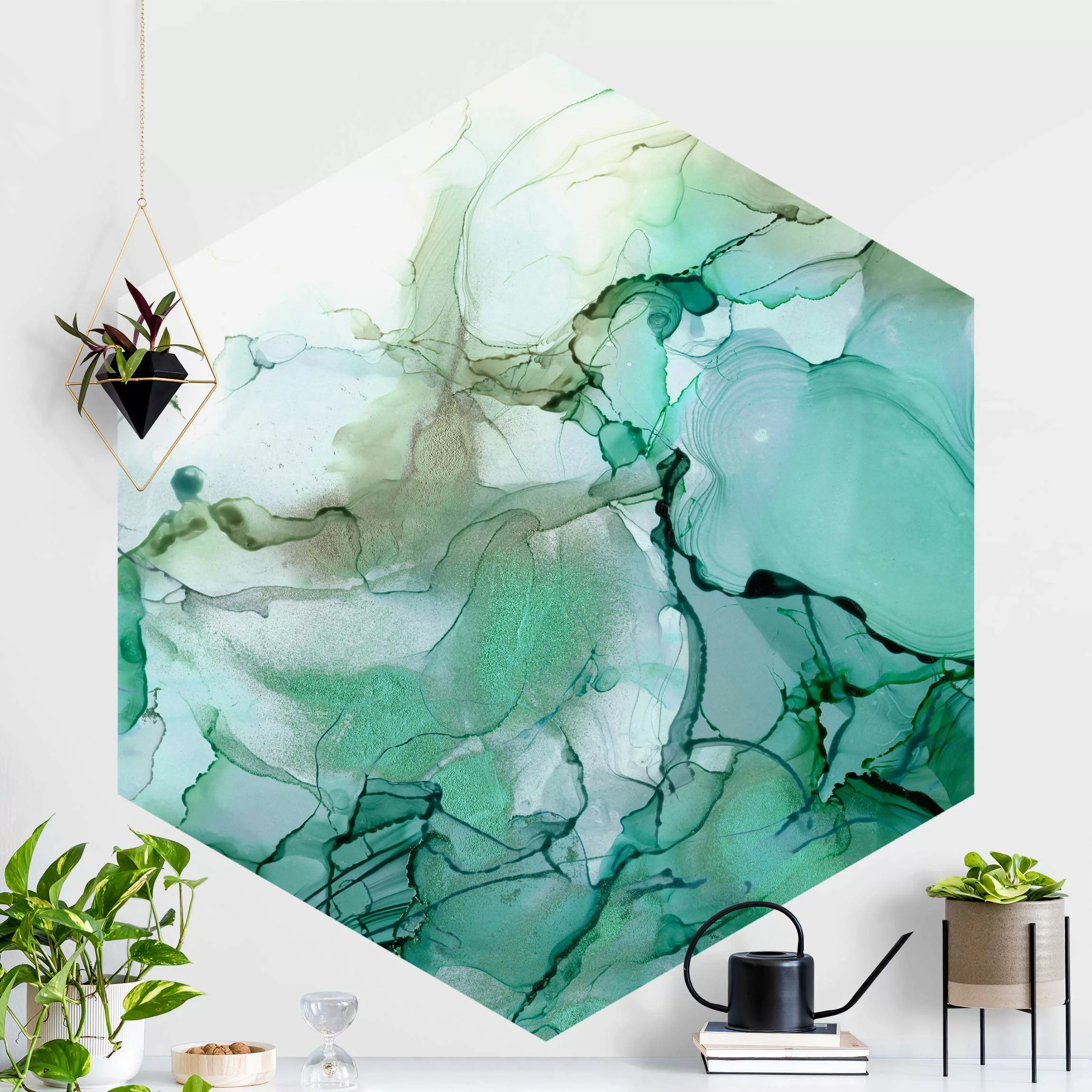 Hexagon Fototapete selbstklebend Smaragdfarbener Sturm günstig online kaufen