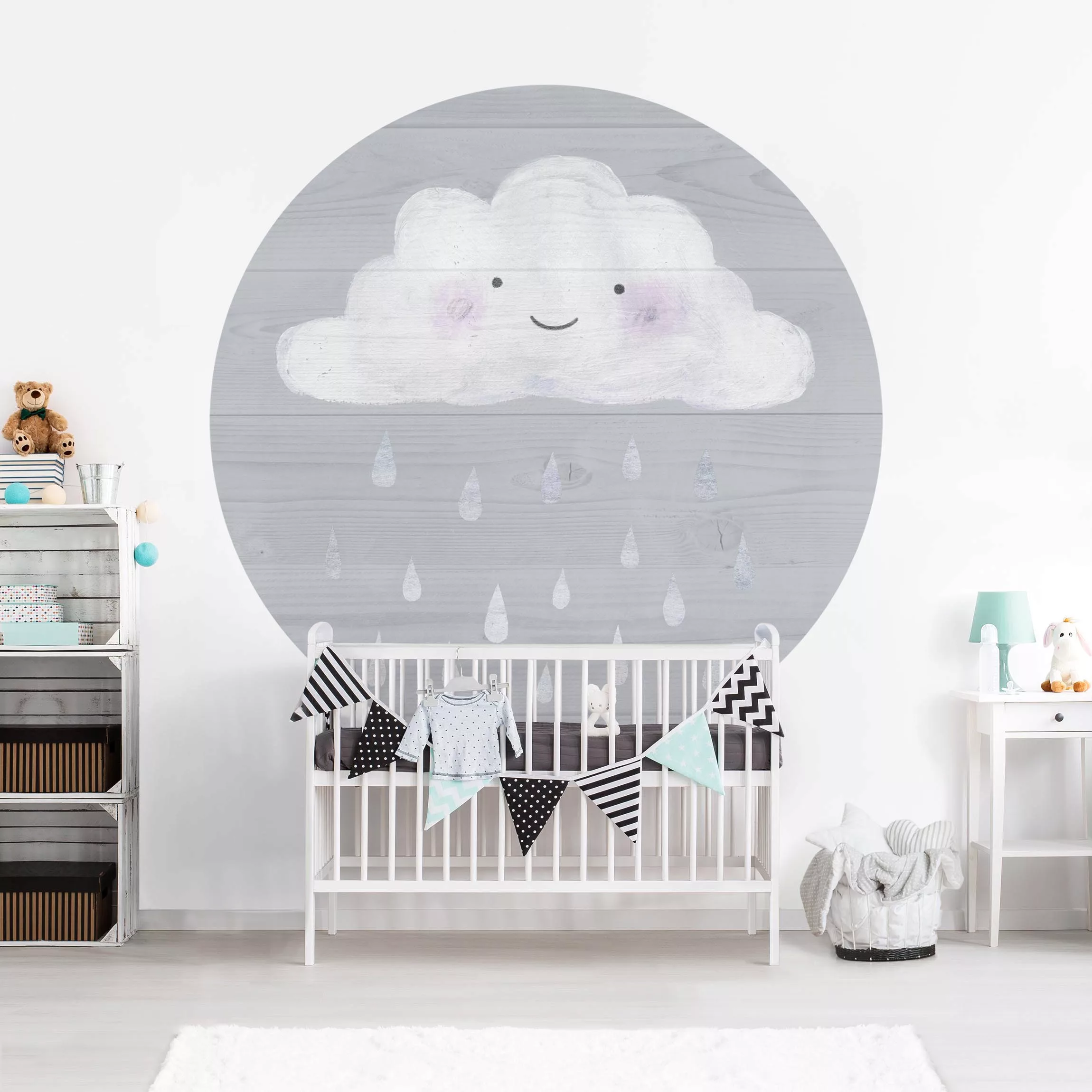 Bilderwelten Runde Tapete selbstklebend Kinderzimmer Wolke mit silbernen Re günstig online kaufen