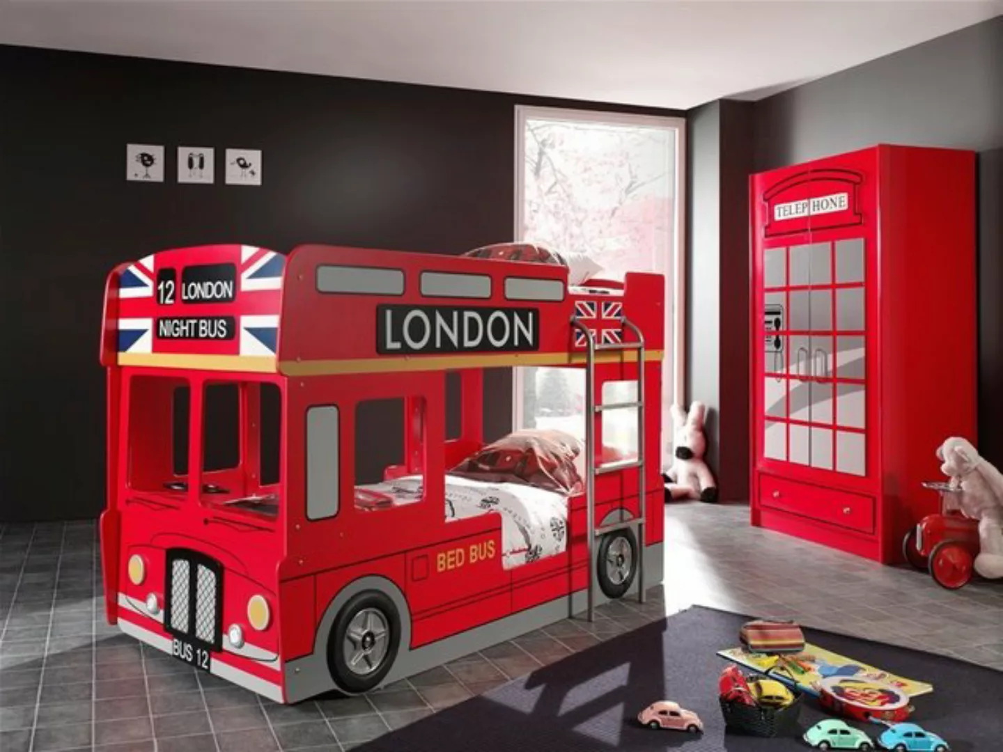 Natur24 Kinderbett Set Bett London Bus und Kleiderschrank günstig online kaufen