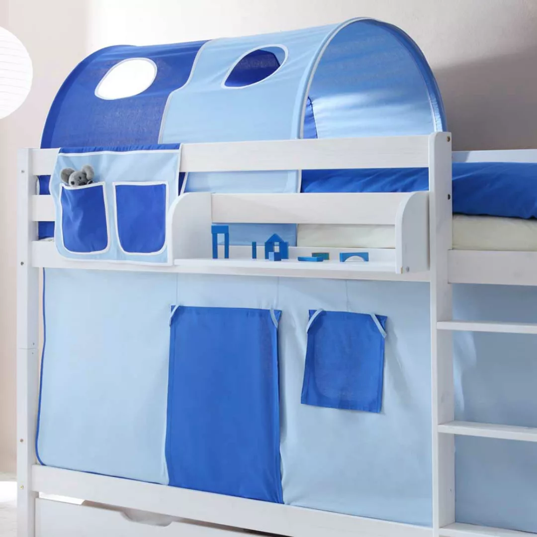 Kinderbett mit Vorhang und Tunnel Massivholz und Webstoff günstig online kaufen