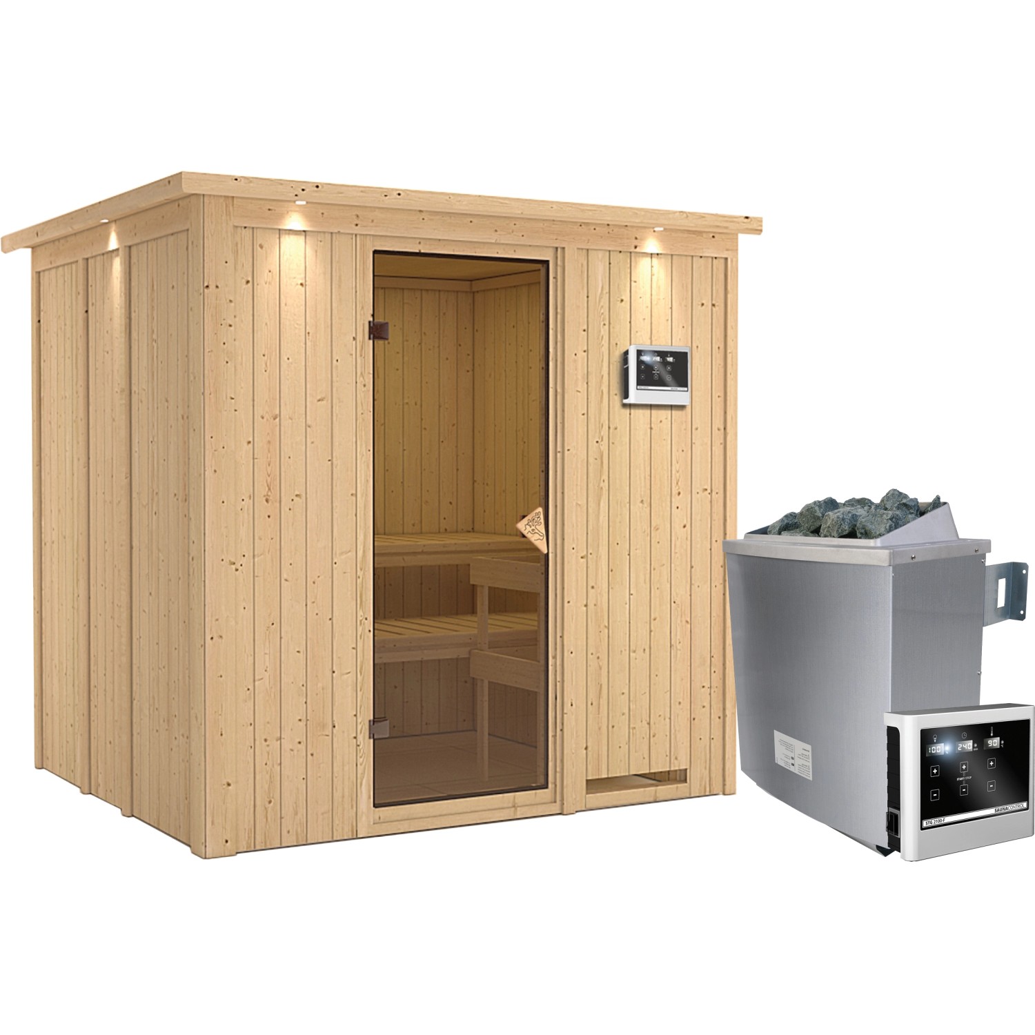 Karibu Sauna-Set Stina inkl. Edelstahl-Ofen 9 kW mit ext. Steuerung, Dachkr günstig online kaufen