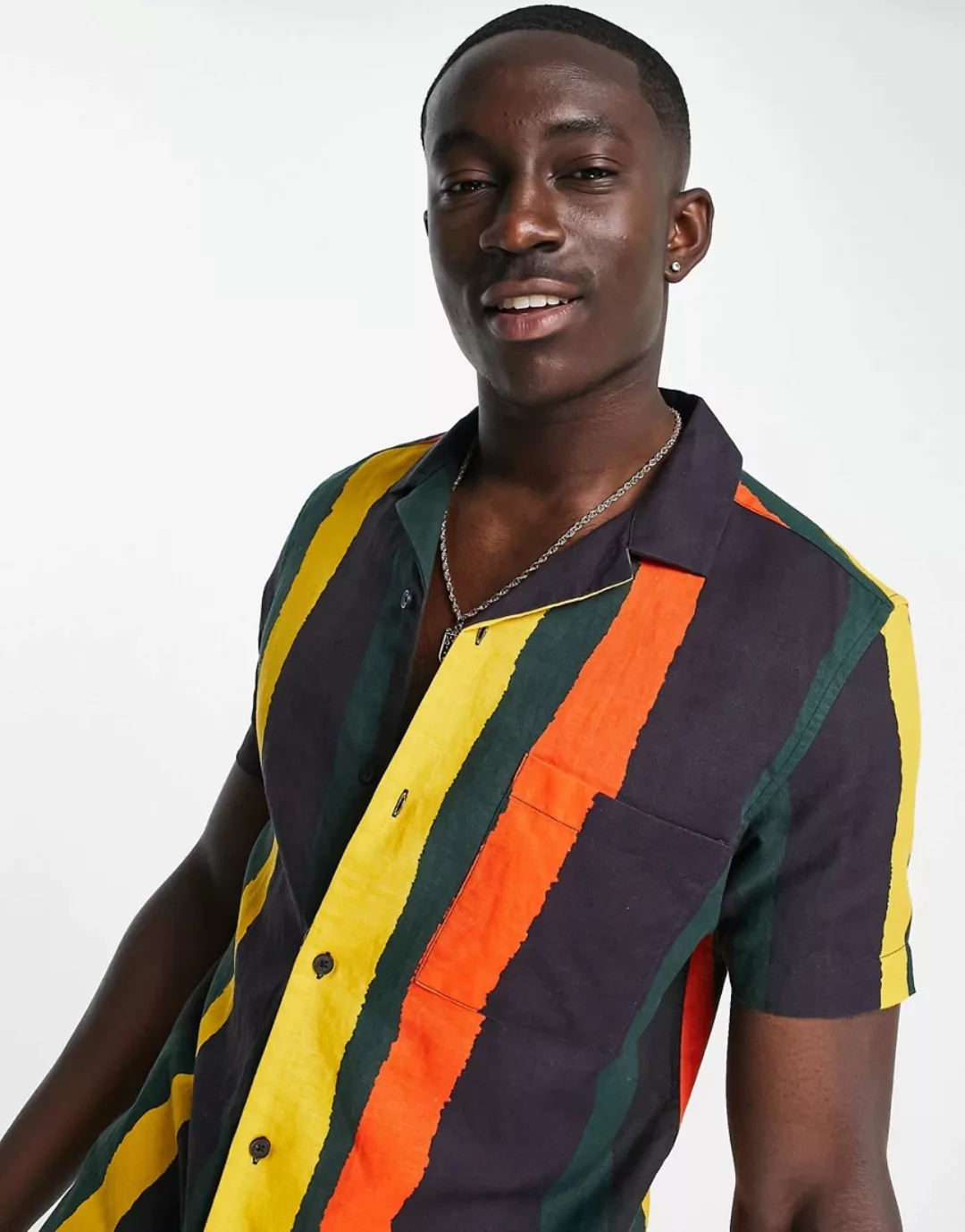 ASOS DESIGN – Leinenhemd mit Reverskragen und welligen Streifen in Primärfa günstig online kaufen