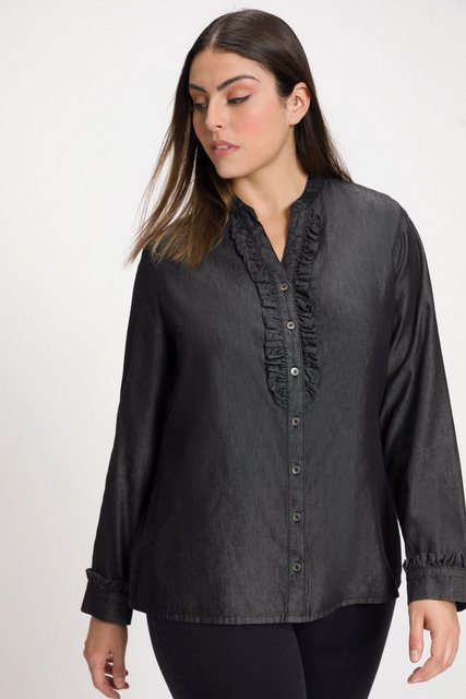 Ulla Popken Longbluse Jeansbluse Stehkragen Rüsche V-Ausschnitt Langarm günstig online kaufen