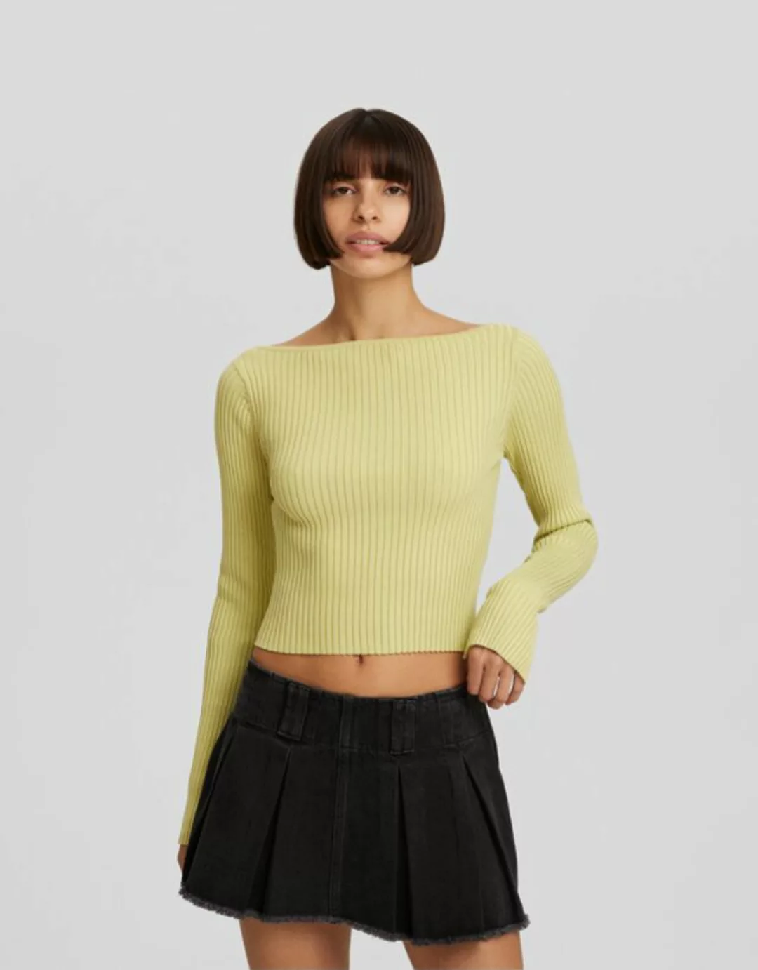 Bershka Pullover Mit Bateau-Ausschnitt Und Patentmuster Damen S Grün günstig online kaufen