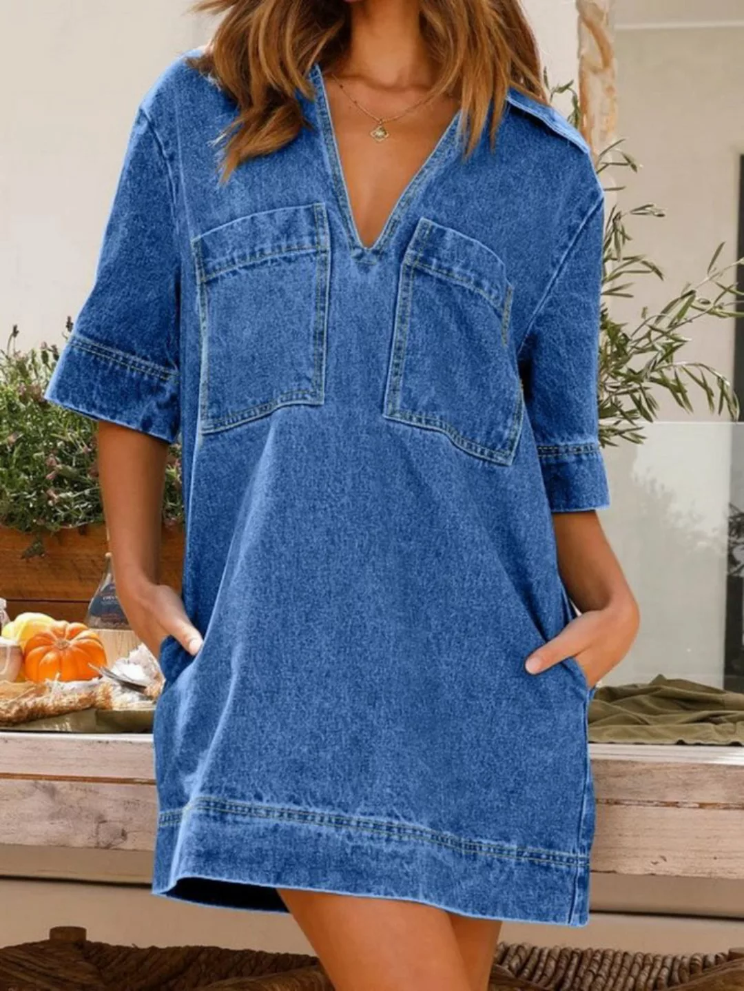 jalleria Jeanskleid Lockeres Jeanskleid mit Revers und kurzen Ärmeln günstig online kaufen