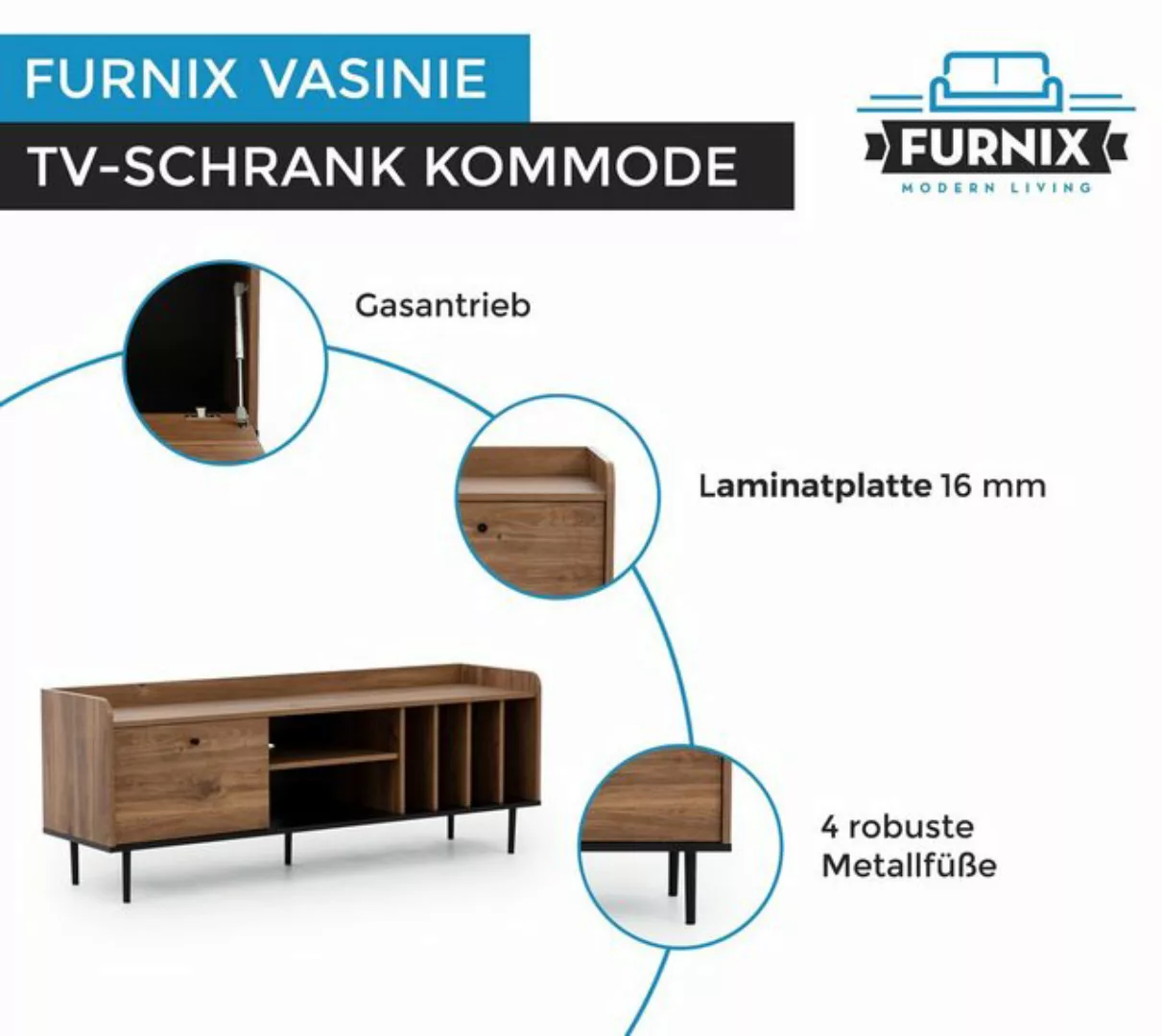 Furnix TV-Schrank Kabinett Fernsehschrank VASINIE im Loft-Stil Brandy-Caste günstig online kaufen