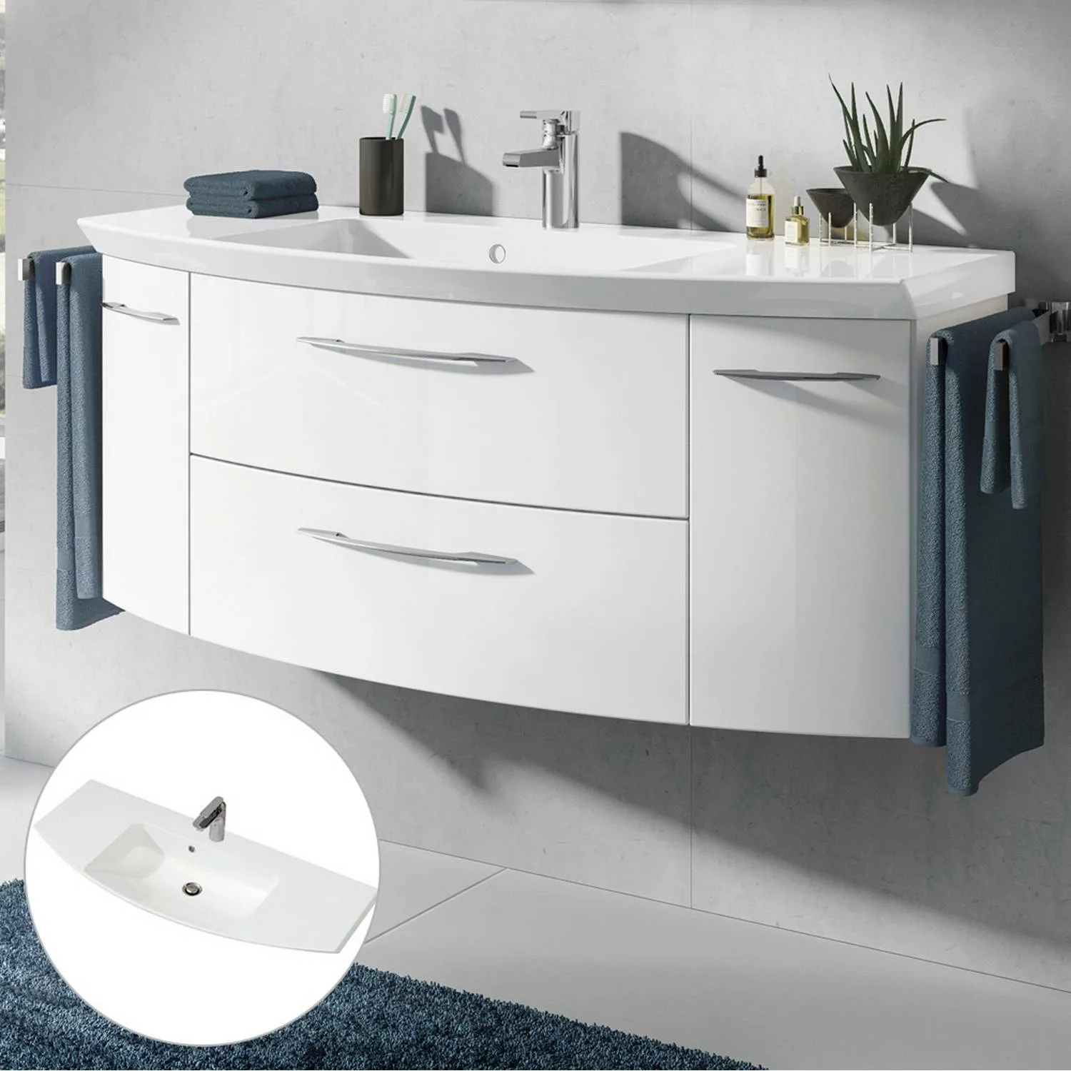Waschtischunterschrank 121cm inkl. Waschbecken CERVIA-66 in Hochglanz weiß, günstig online kaufen