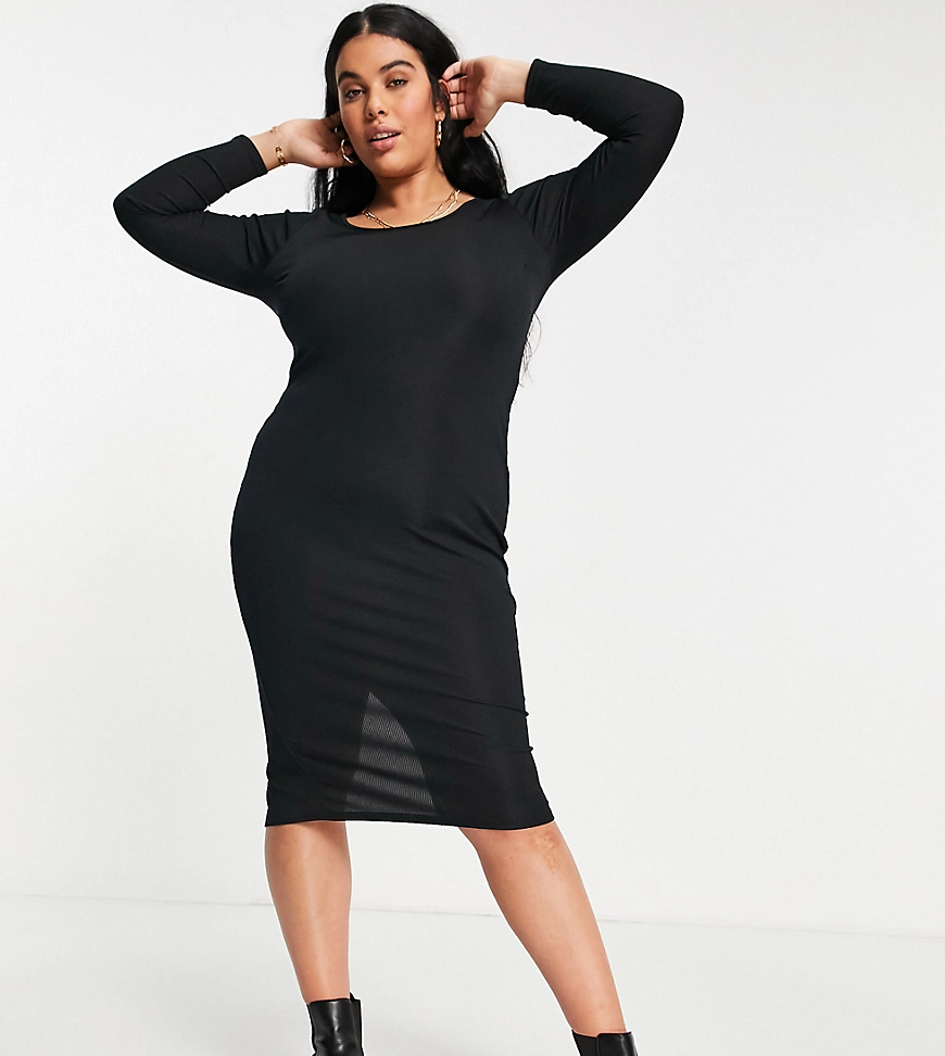 Yours – Geripptes Bodycon-Midikleid in Schwarz günstig online kaufen