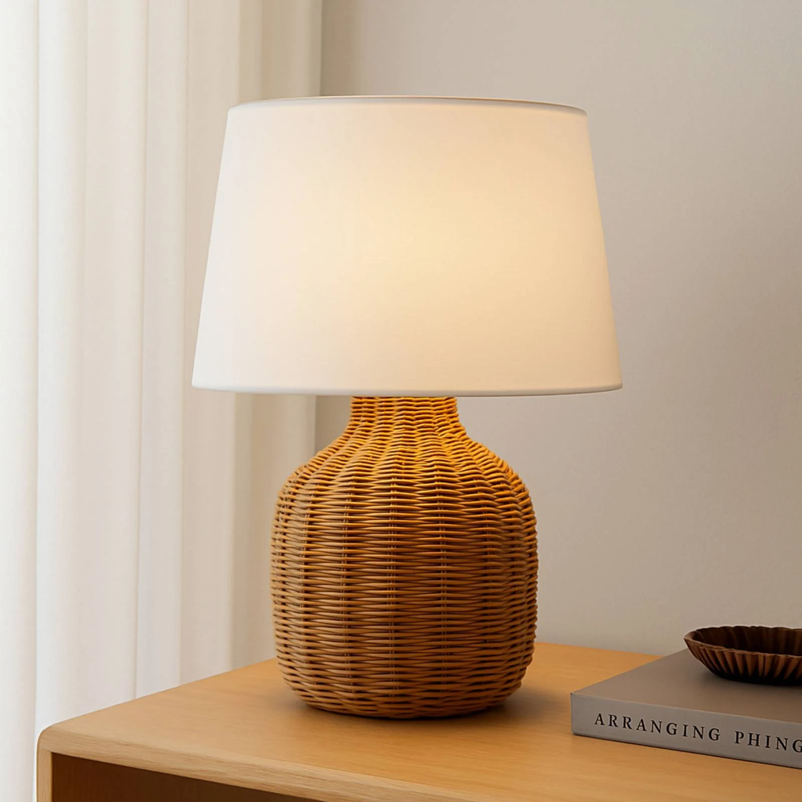Lindby Tischleuchte Lirenda, Höhe 52 cm, Rattan, natur/weiß günstig online kaufen
