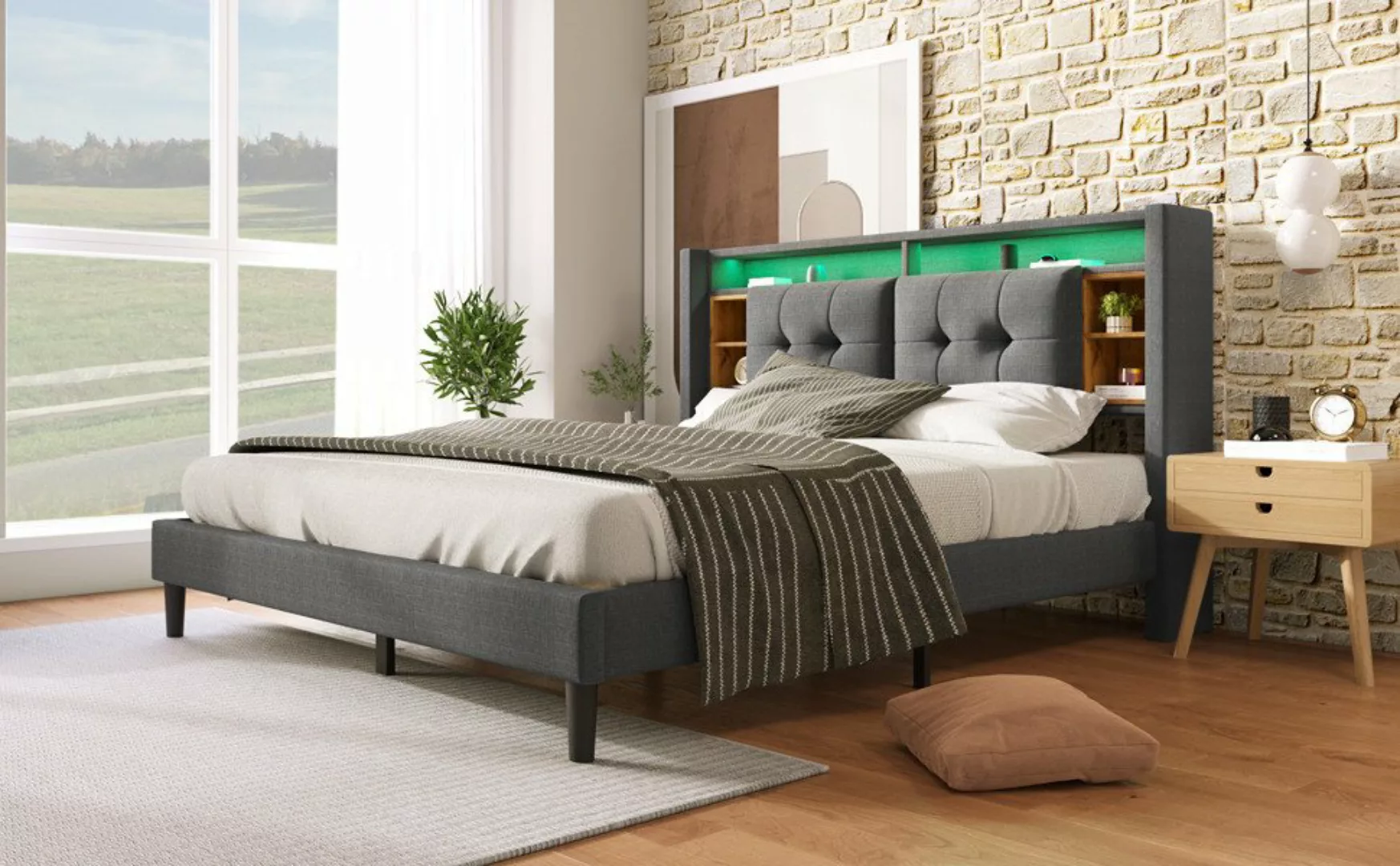 MODFU Polsterbett Doppelbett Stauraum-Kopfteil Bett (Grau 140*200CM Ohne Ma günstig online kaufen