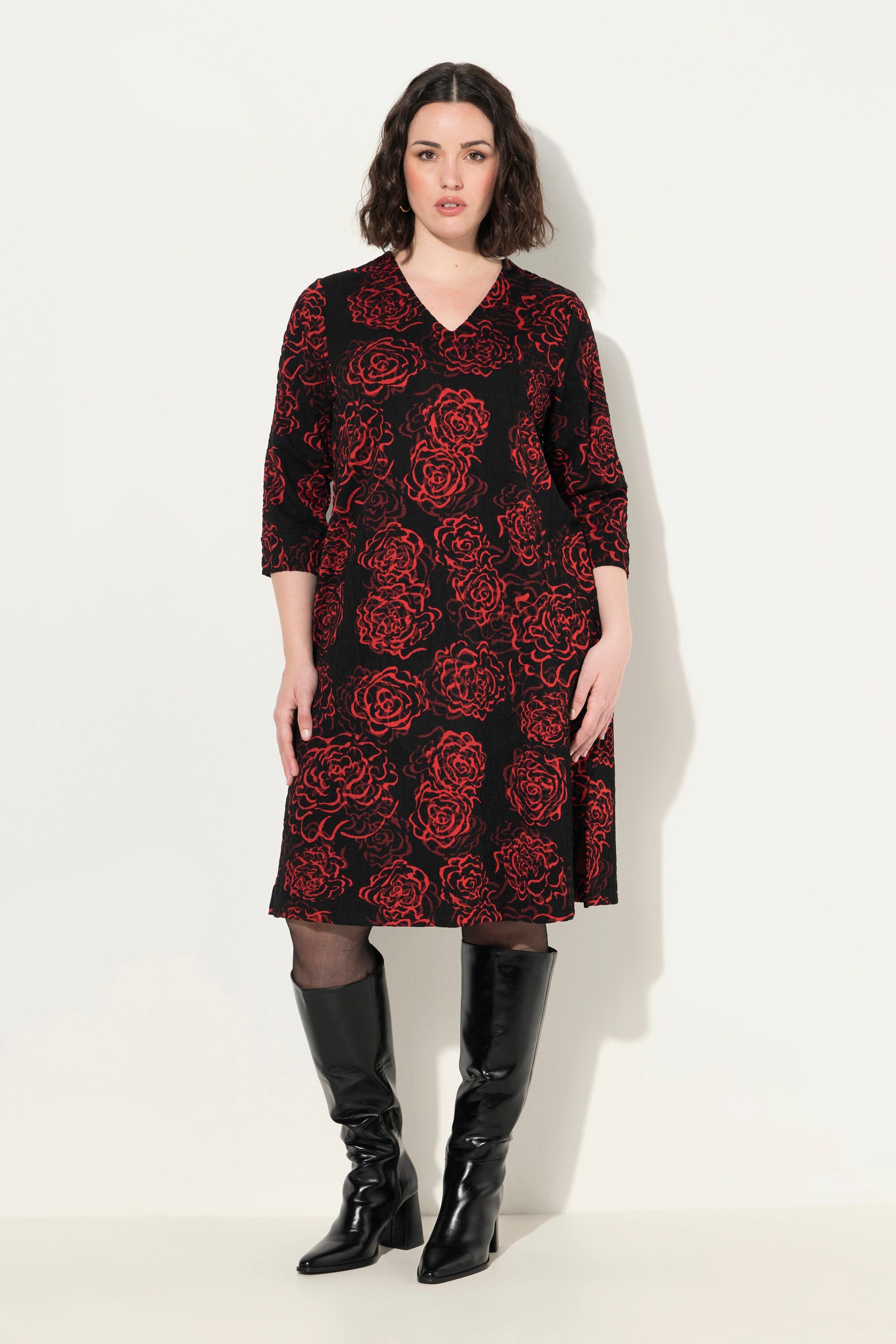 Ulla Popken Midikleid Jacquard-Jerseykleid V-Ausschnitt 3/4-Arm günstig online kaufen