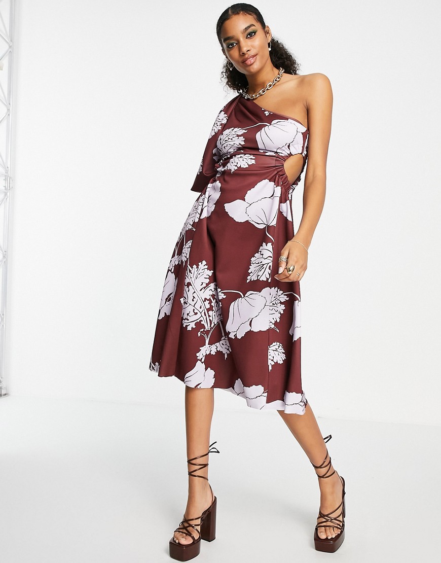 ASOS DESIGN – Midi-Skater-Kleid mit One-Shoulder-Puffärmel, seitlichem Zier günstig online kaufen
