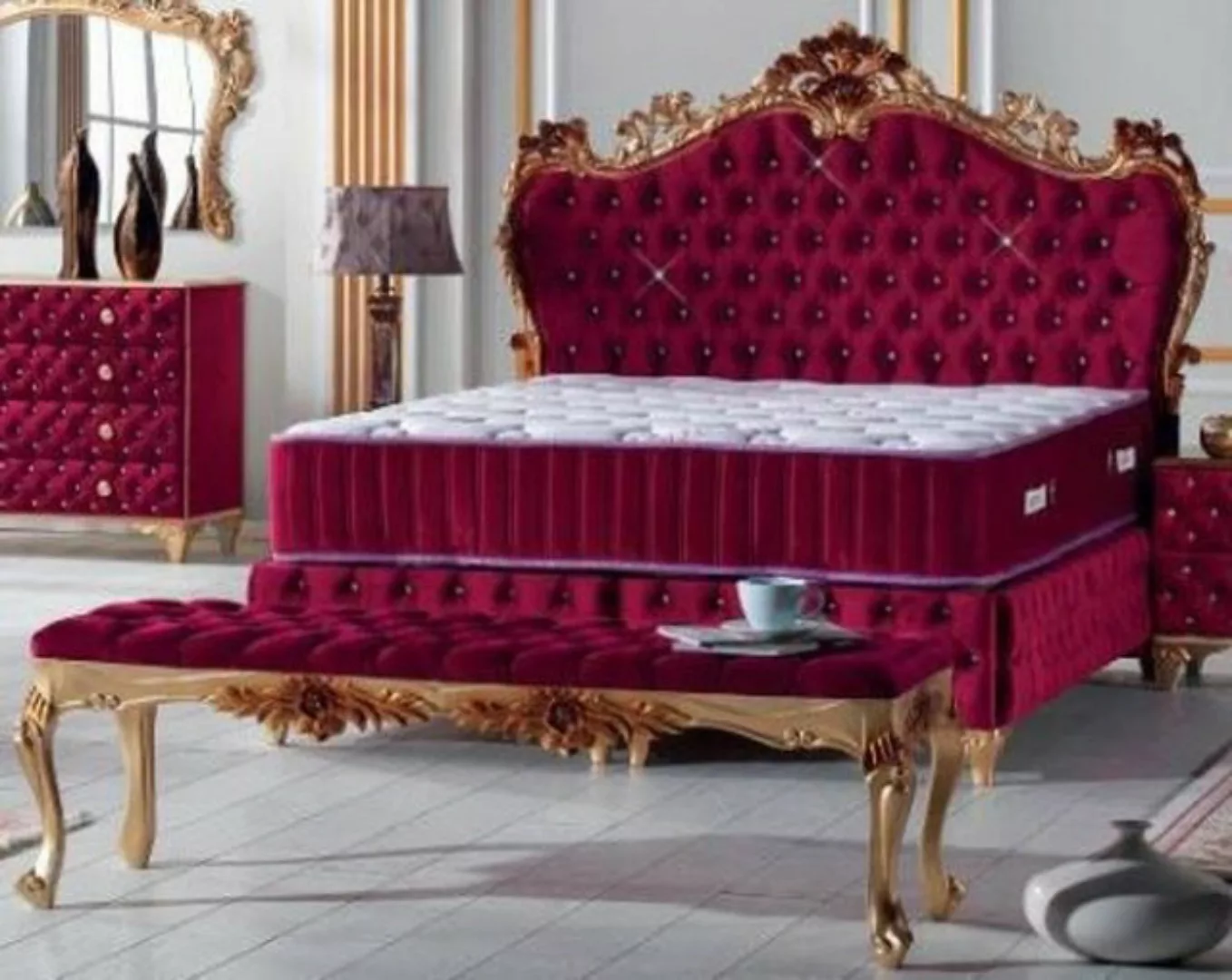 Casa Padrino Bett Doppelbett Bordeauxrot / Gold - Prunkvolles Samt Bett mit günstig online kaufen