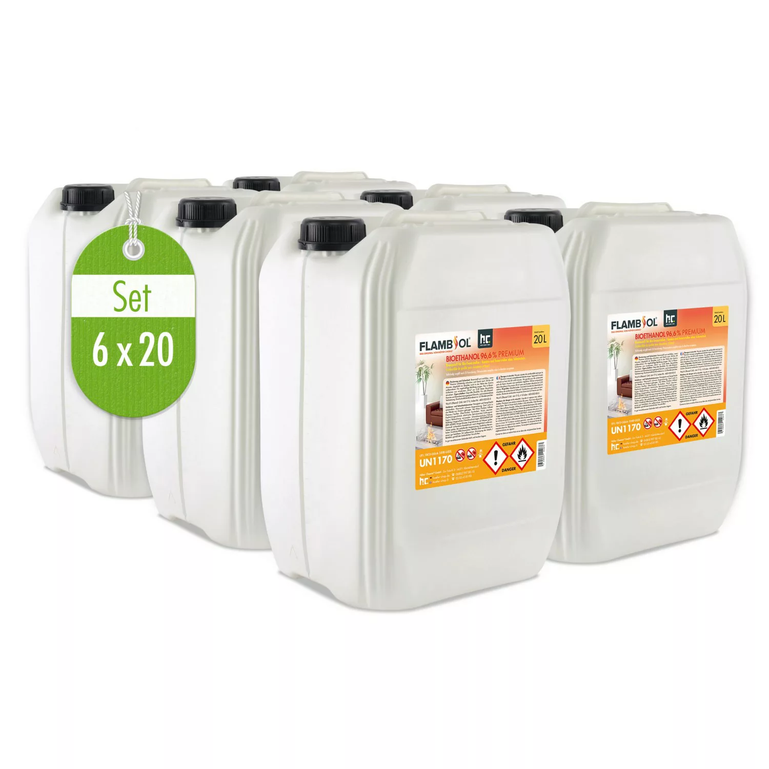 Flambiol Bioethanol 96,6% Premium für Ethanolkamin in Kanistern 6 x 20l günstig online kaufen