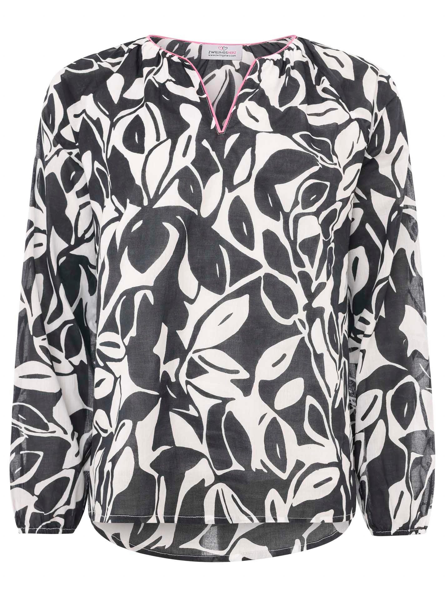 Zwillingsherz Shirtbluse "Blätter Zweifarbig" Langarm, Serafino-Kragen, günstig online kaufen