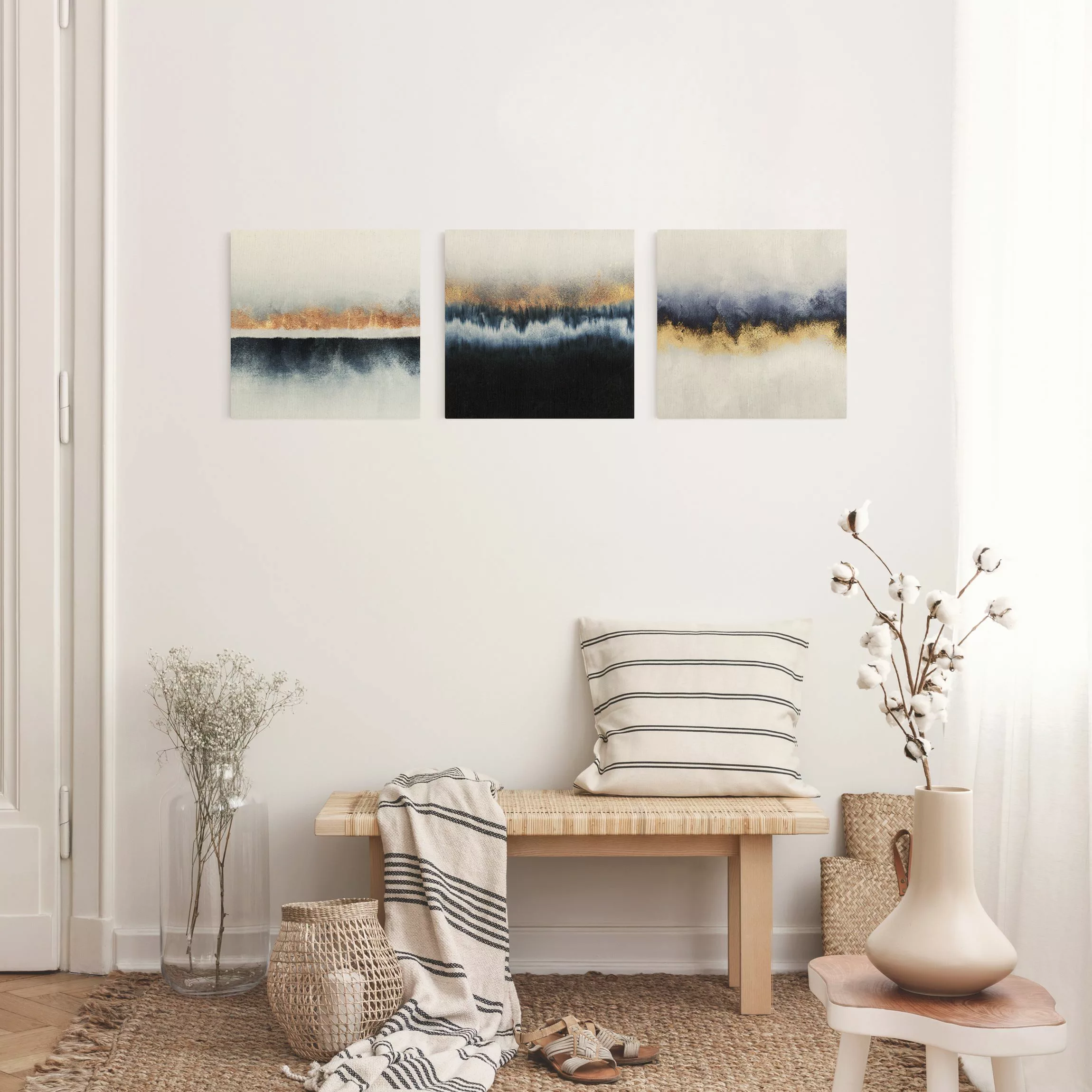 Leinwandbild 3-teilig Aquarell Horizont Gold Blau günstig online kaufen