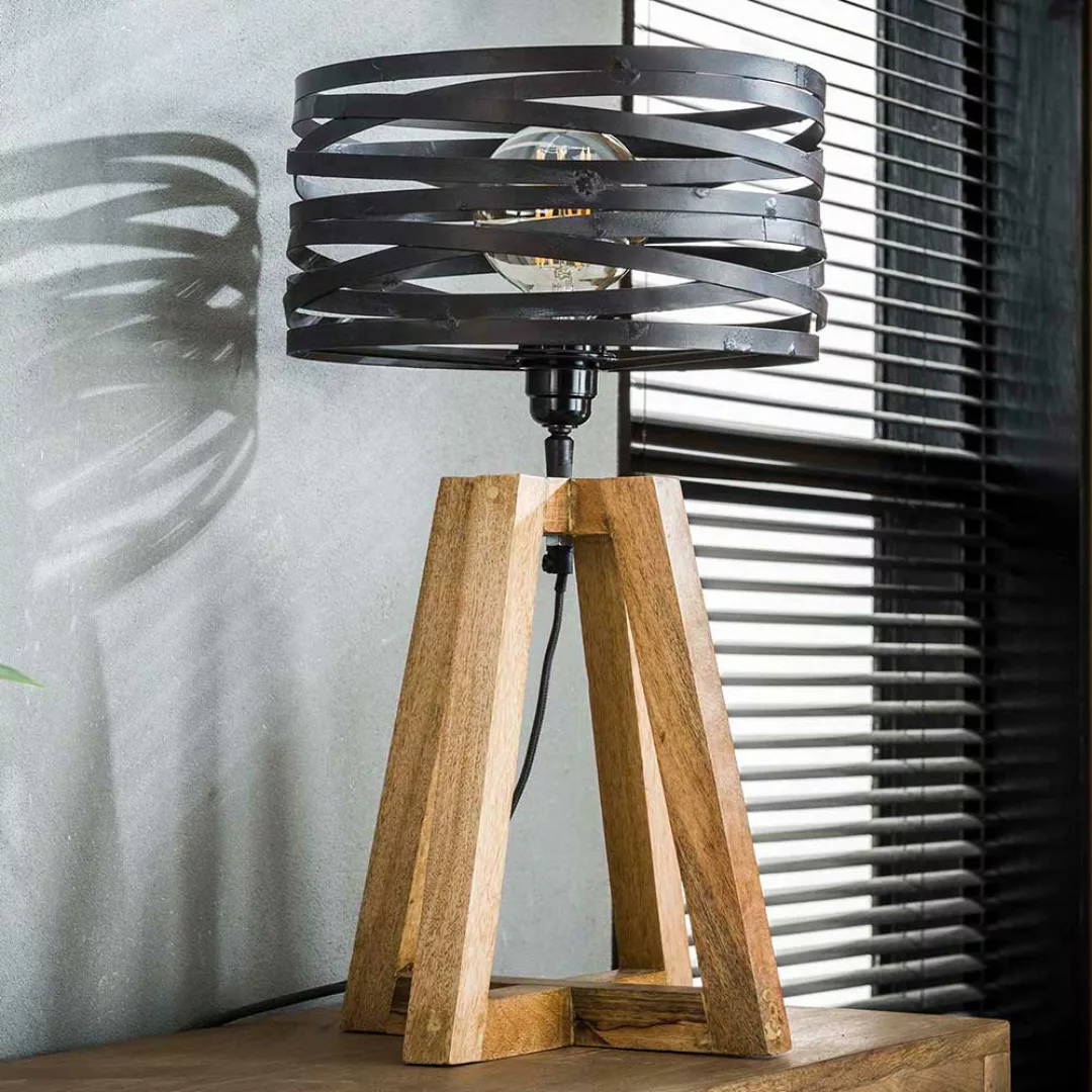Tischlampe in Dunkelgrau und Holz Naturfarben Massivholz und Metall günstig online kaufen