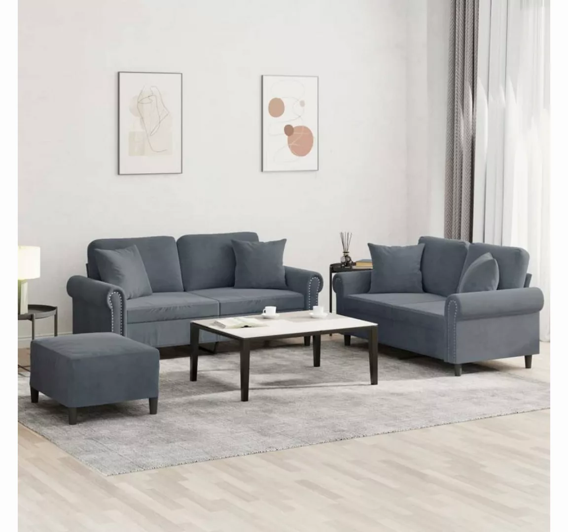 vidaXL Sofa Sofagarnitur Set mit Kissen Samt, 3-tlg., Dunkelgrau günstig online kaufen