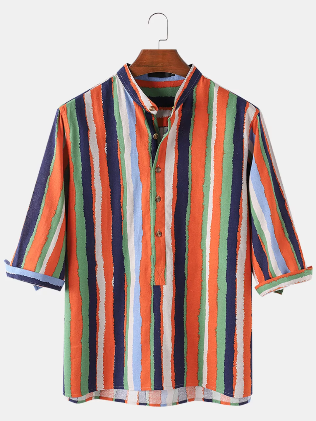 Herren Colorful Striped Oil Print Atmungsaktives Licht Henley-Shirts mit 3/ günstig online kaufen