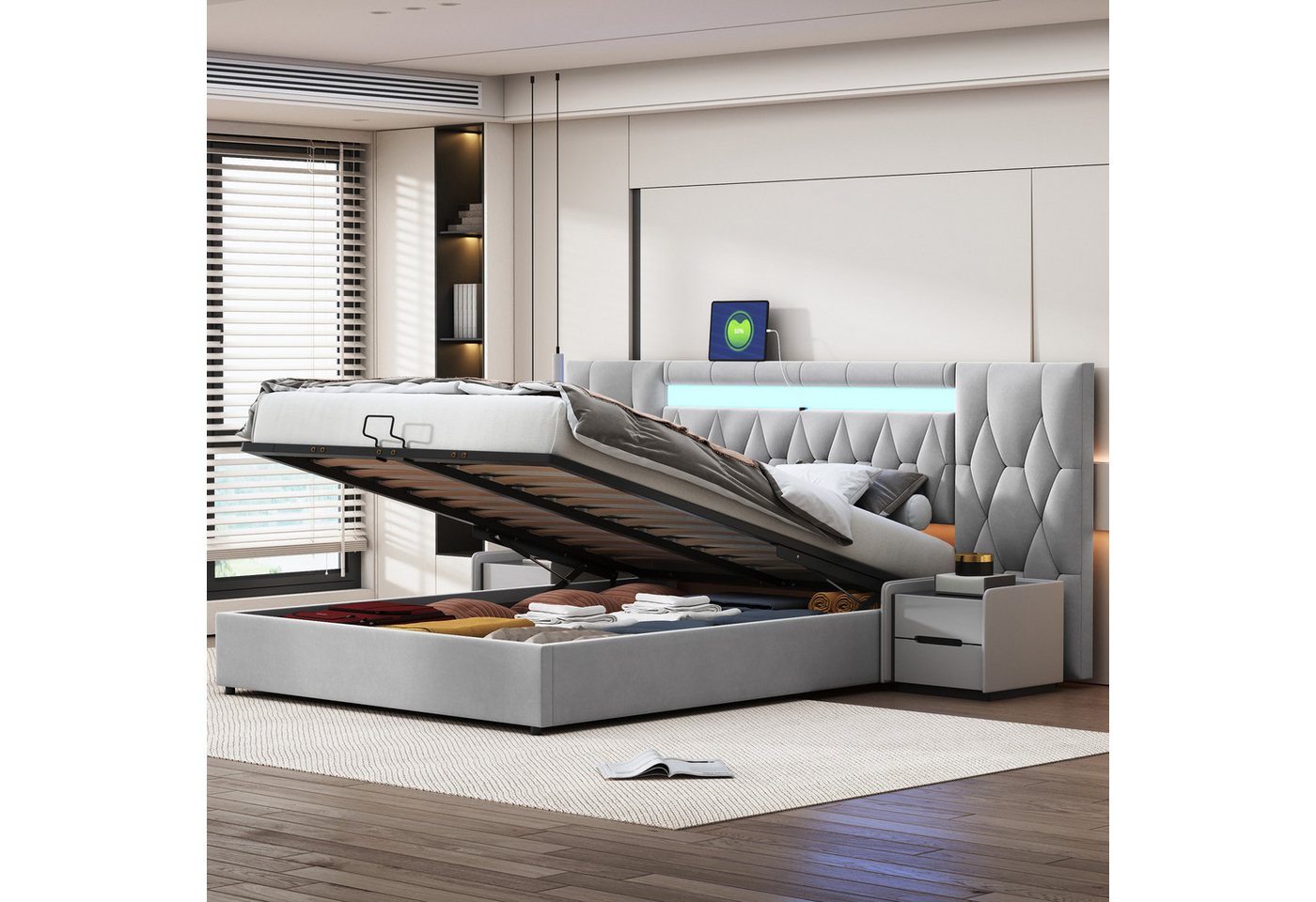 MODFU Polsterbett Stauraumbett Doppelbett Funktionsbett (mit großer Rückenl günstig online kaufen