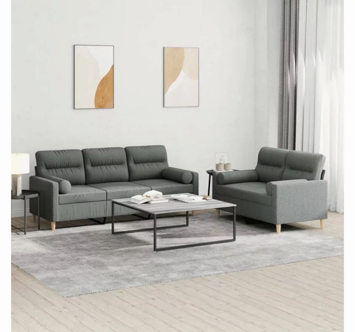 vidaXL Sofa Sofagarnitur Set mit Kissen Stoff, 2-tlg., Dunkelgrau günstig online kaufen