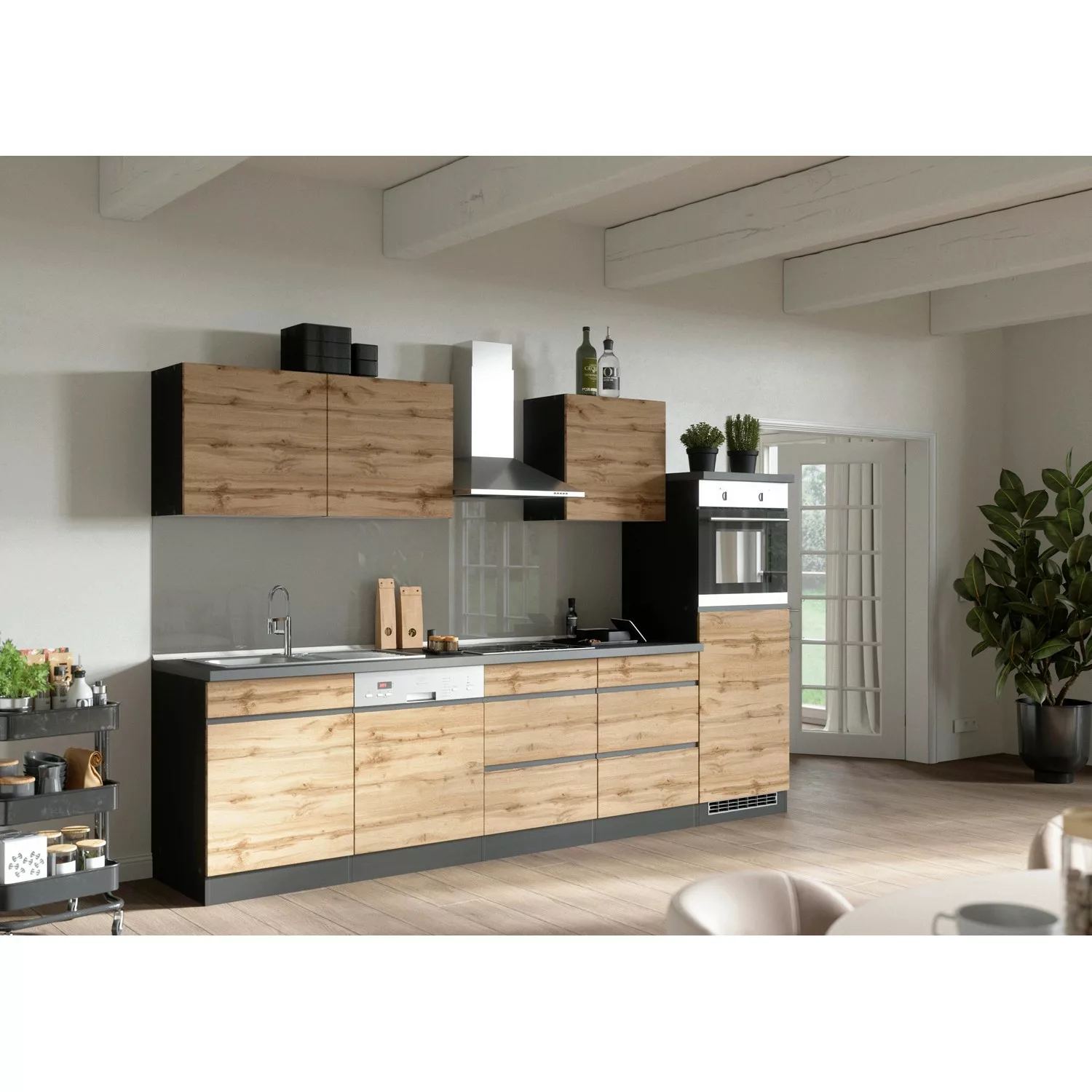 Held Möbel Küchenzeile Turin 300 cm Wotaneiche-Graphit ohne E-Geräte günstig online kaufen