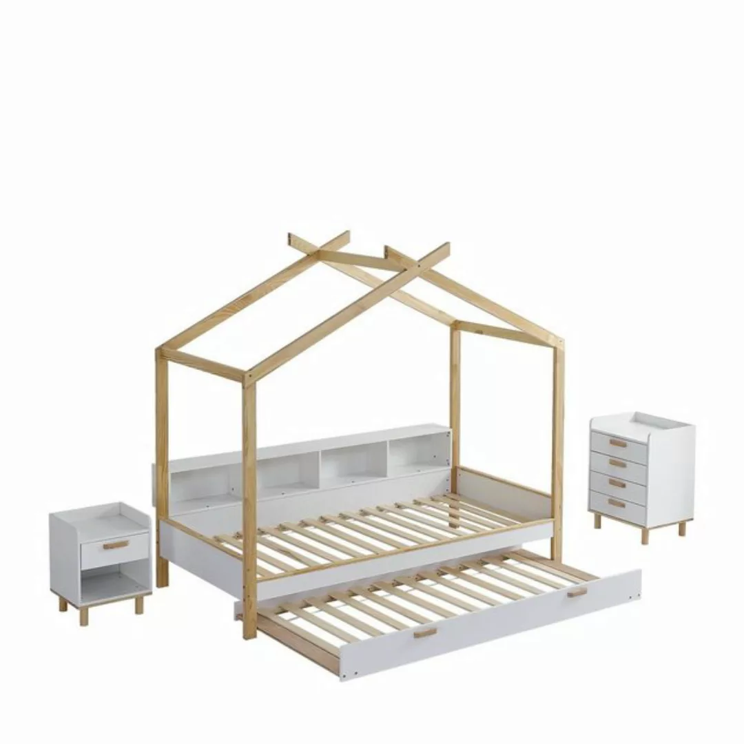 Celya Hausbett Kinderbett mit vier Fächern Regale, Hausbett+Nachttisch+Komm günstig online kaufen
