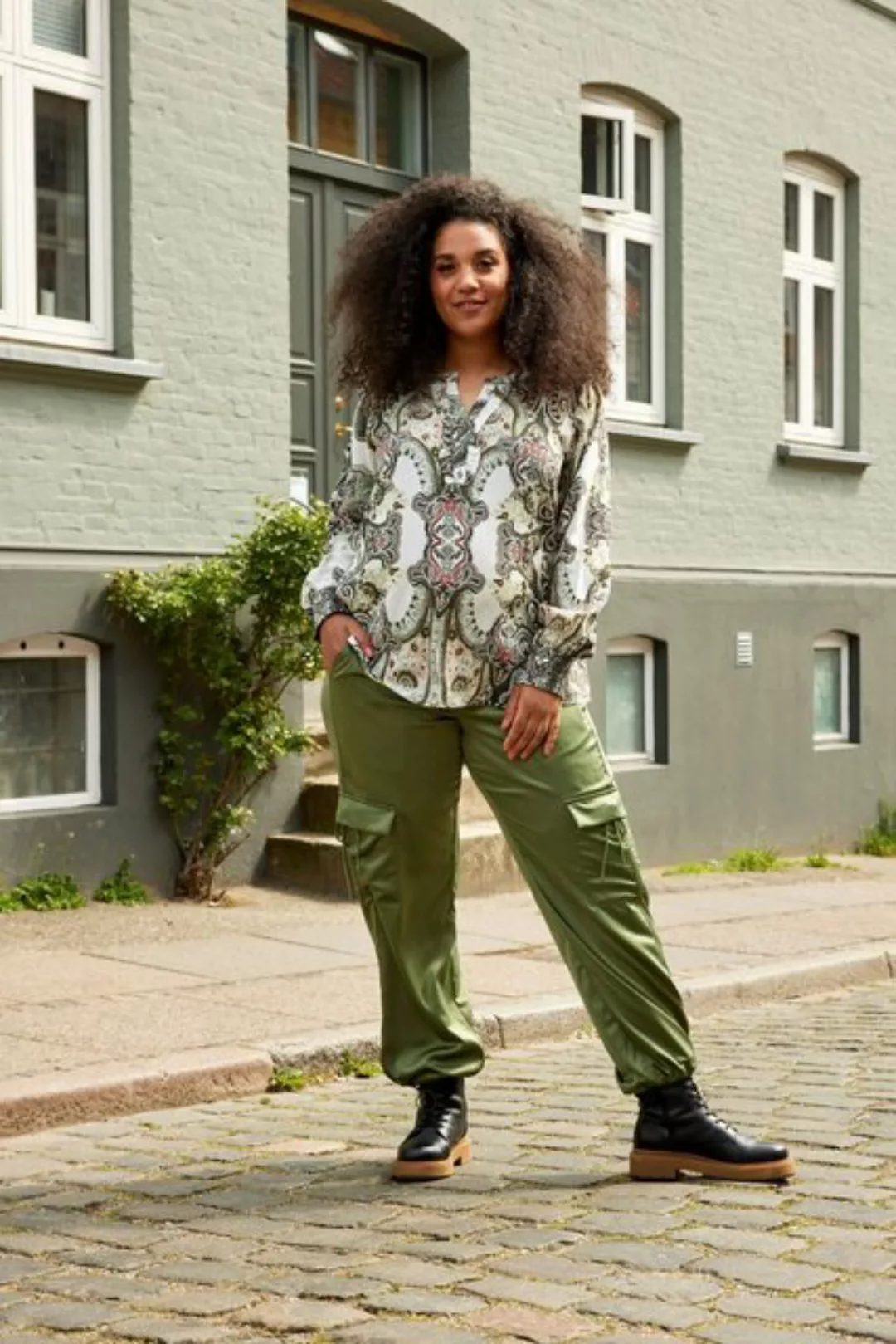 Zhenzi Cargohose Cargo Hose khaki Satin Unifarben günstig online kaufen