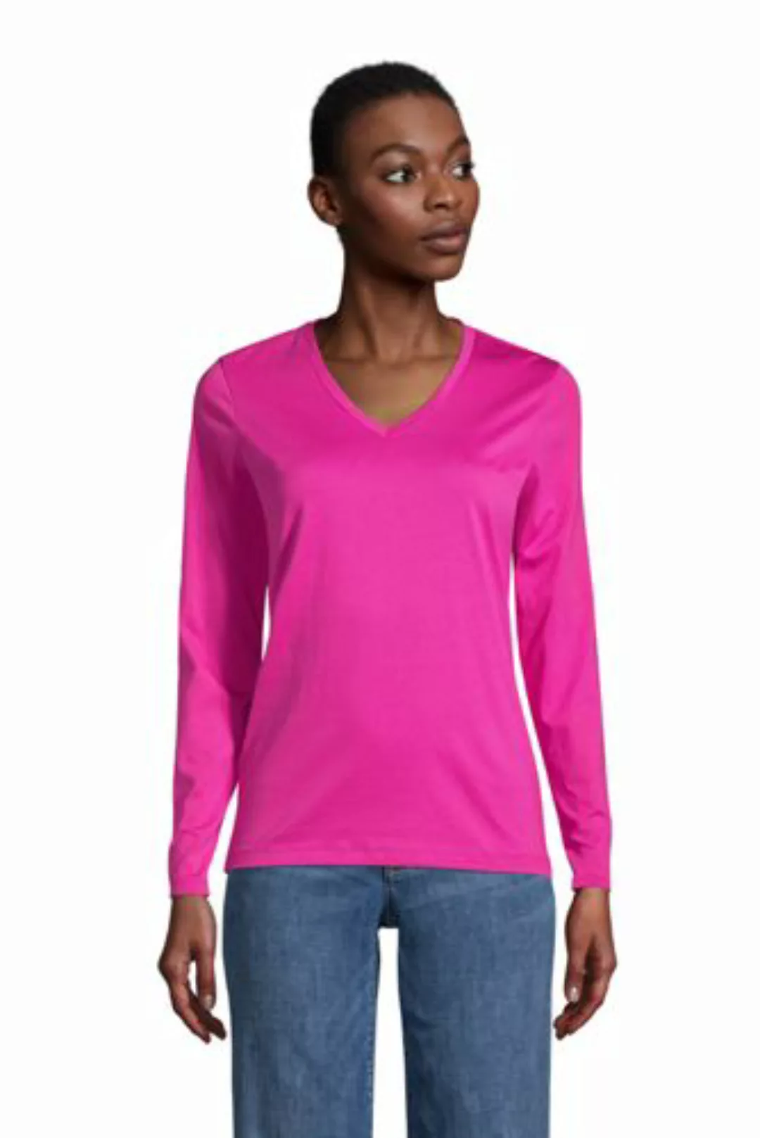 Supima Langarm-Shirt mit V-Ausschnitt, Damen, Größe: M Normal, Rot, Baumwol günstig online kaufen