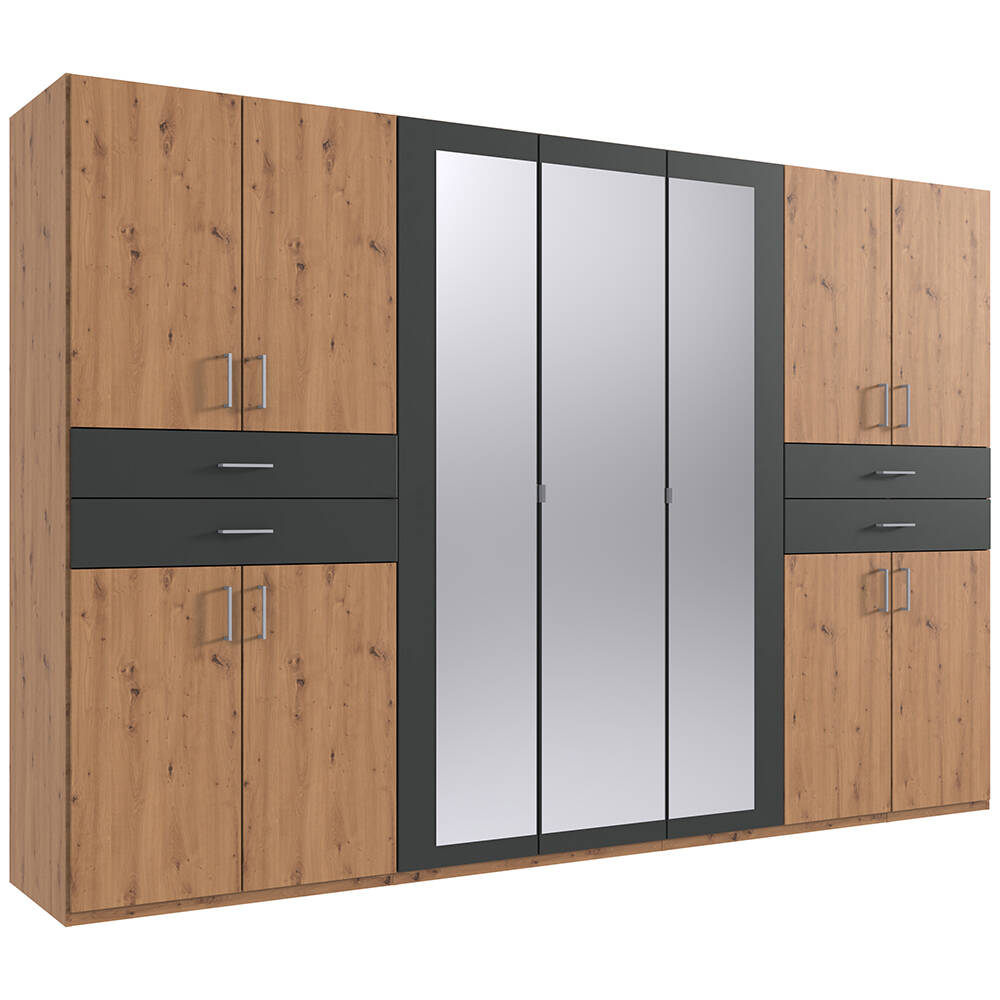 Kleiderschrank mit Spiegel, 313 cm breit modern in Eiche mit graphit TREVIS günstig online kaufen