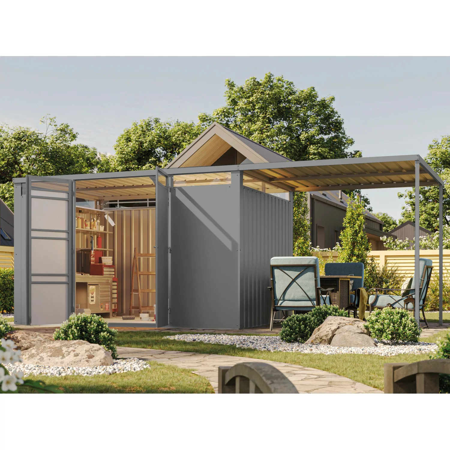 Karibu Gartenhaus Set Mateo 3 Staubgrau mit Anbaudach 225 m Breit 7,95 m² günstig online kaufen