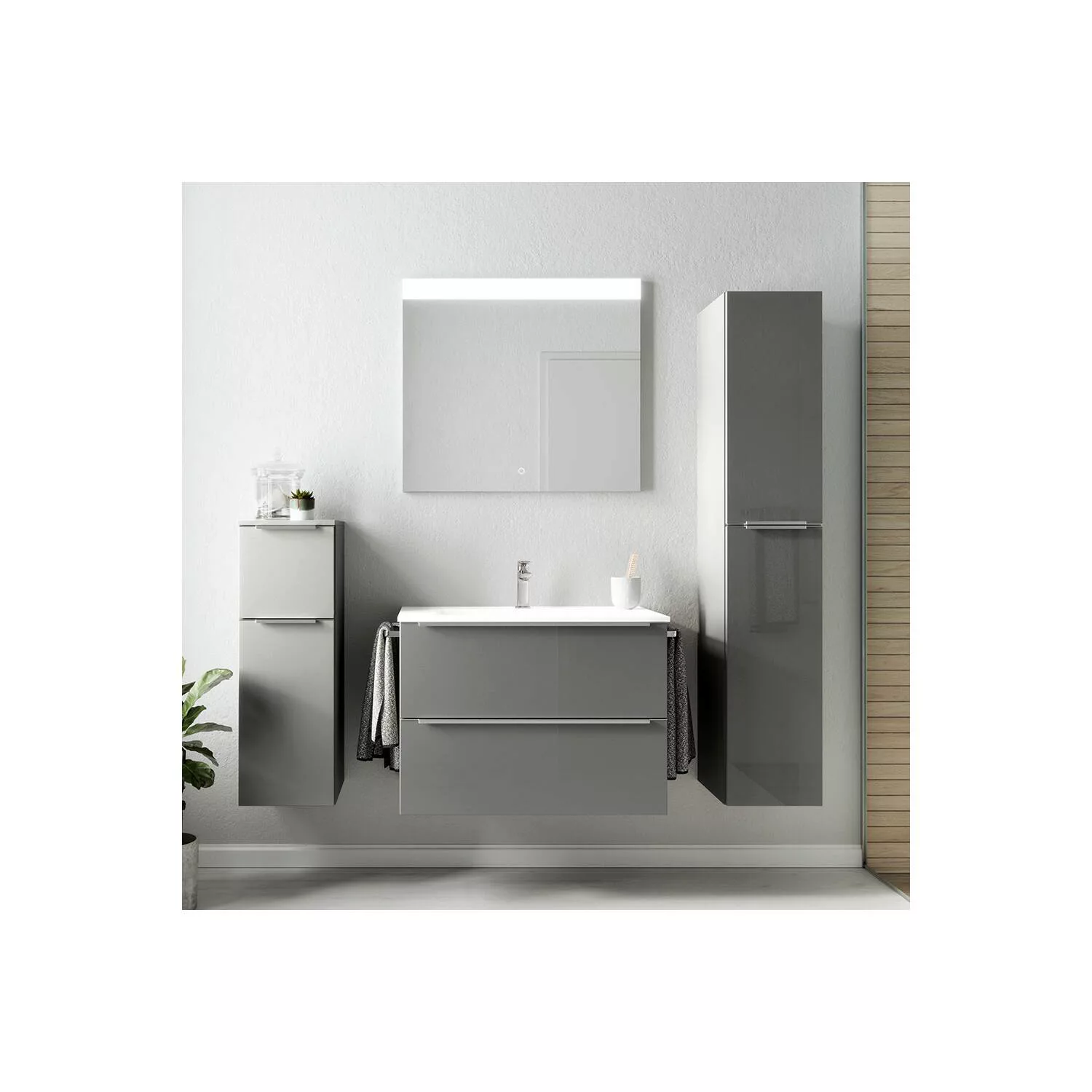 Badezimmermöbel Komplett Set mit Spiegel, LED Beleuchtung, 1 seitl. Handtuc günstig online kaufen