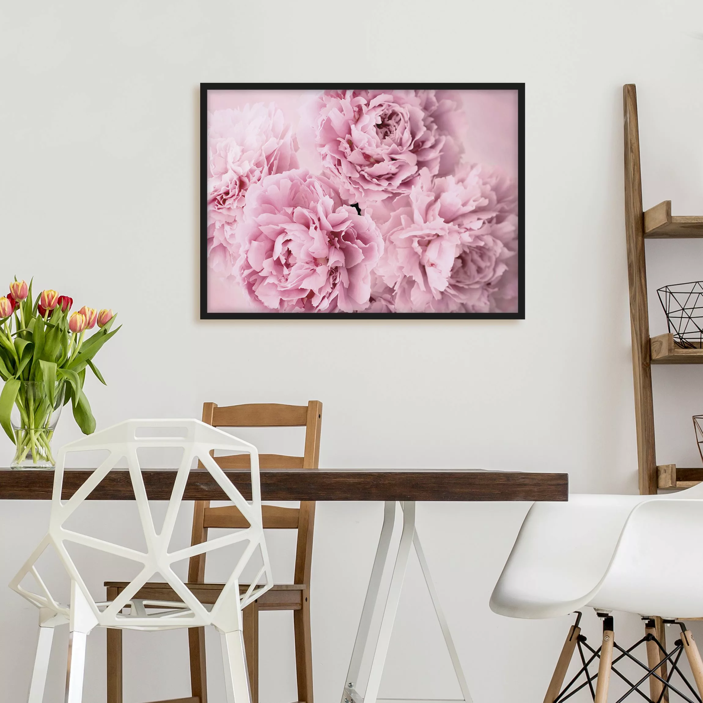 Bild mit Rahmen Blumen - Querformat Rosa Pfingstrosen günstig online kaufen