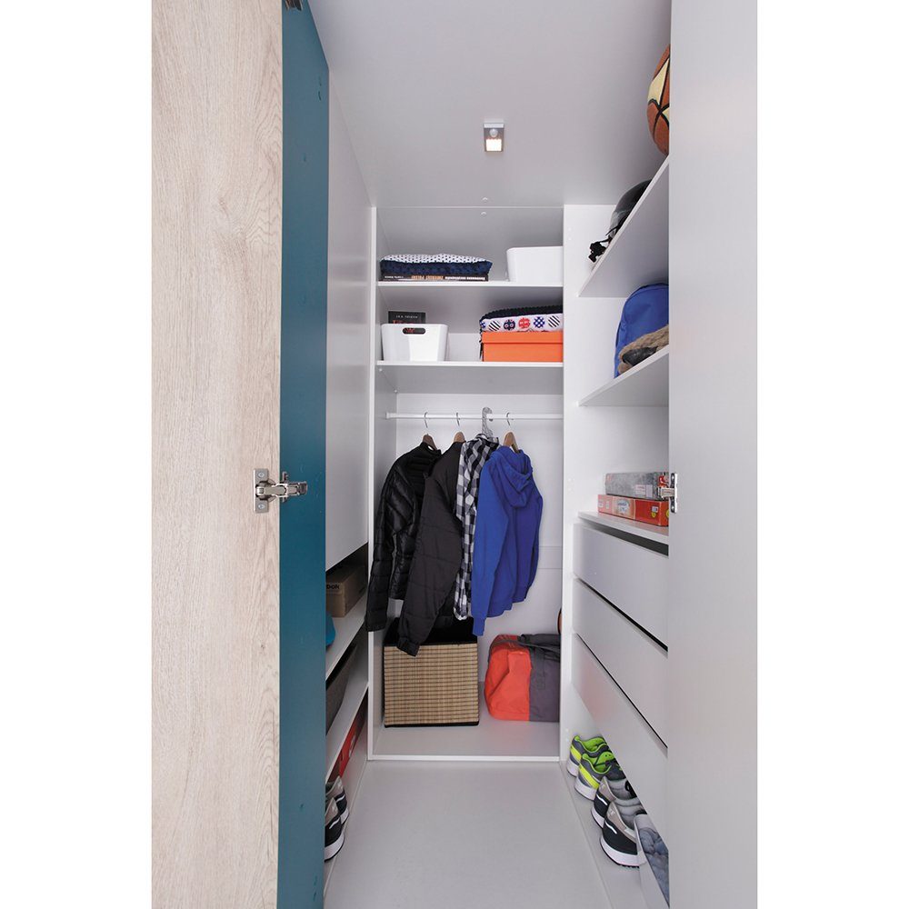 Lomadox Kleiderschrank PITTSBURGH-133 begehbar, 135x135cm, weiß/Eiche/blau günstig online kaufen