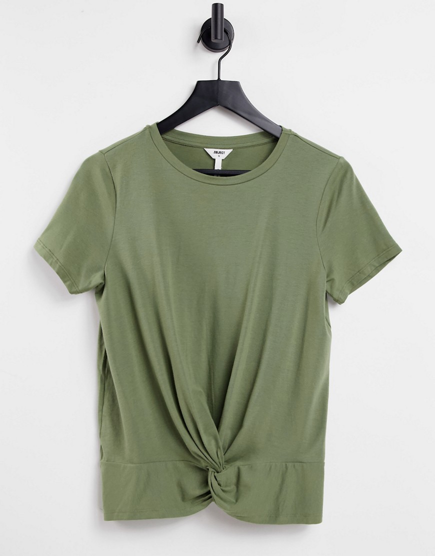 Object – Stephanie – T-Shirt in Grün mit geknoteter Vorderseite günstig online kaufen
