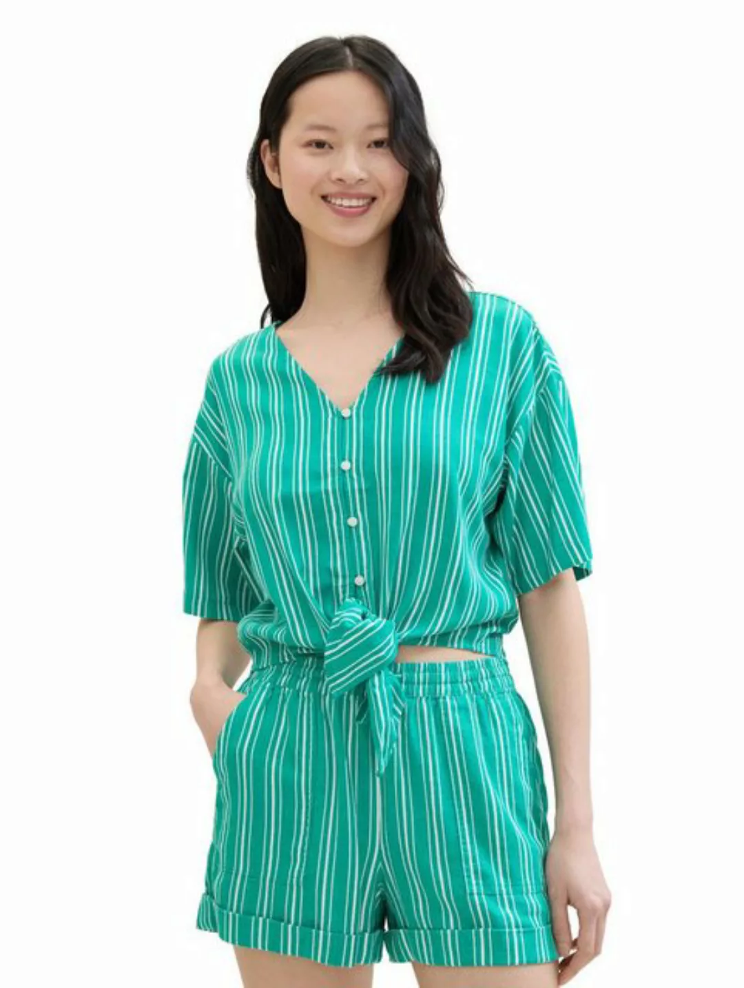 TOM TAILOR Denim Blusenshirt knotted linen mix blouse, green white vertical günstig online kaufen