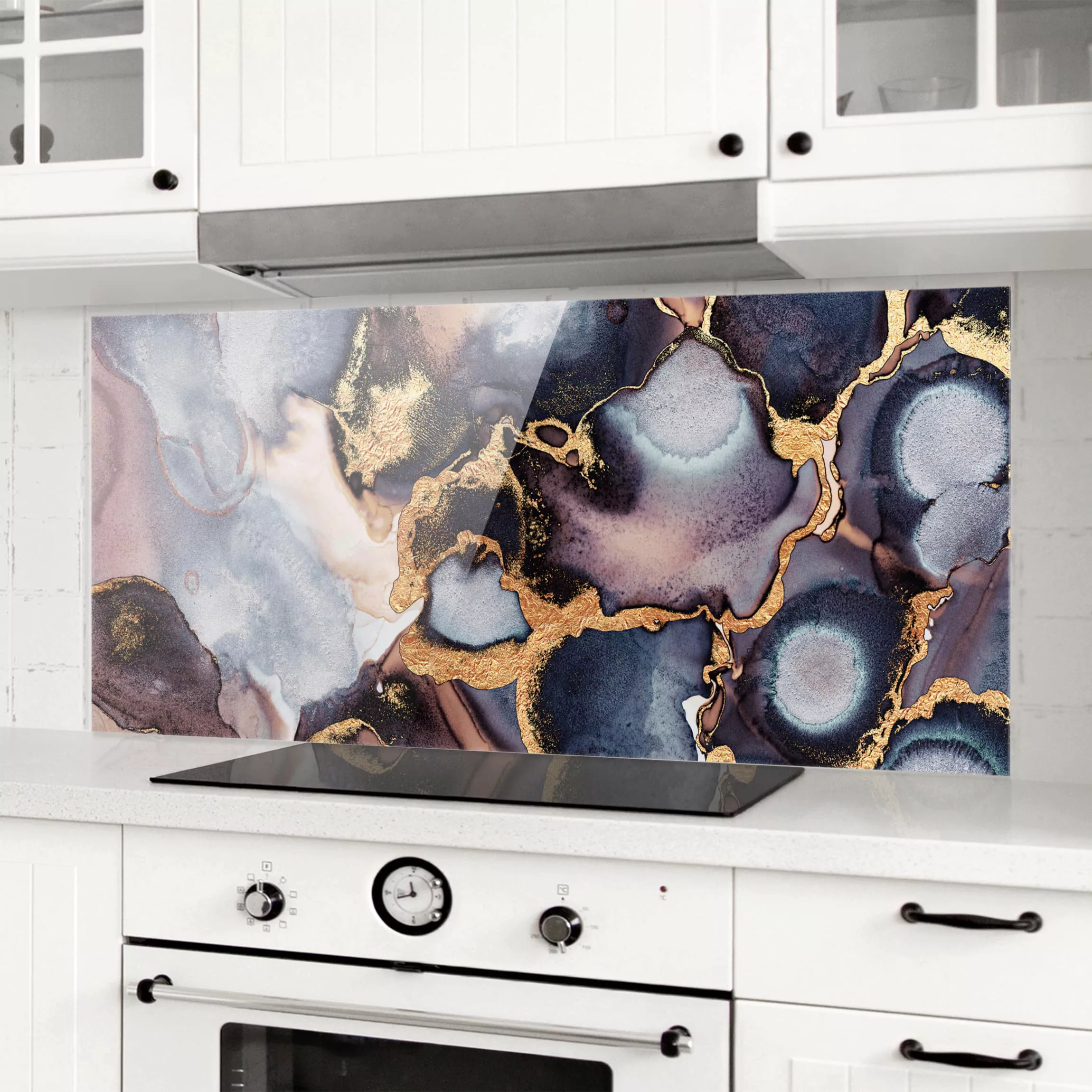 Glas Spritzschutz Abstrakt - Panorama Marmor Aquarell mit Gold günstig online kaufen