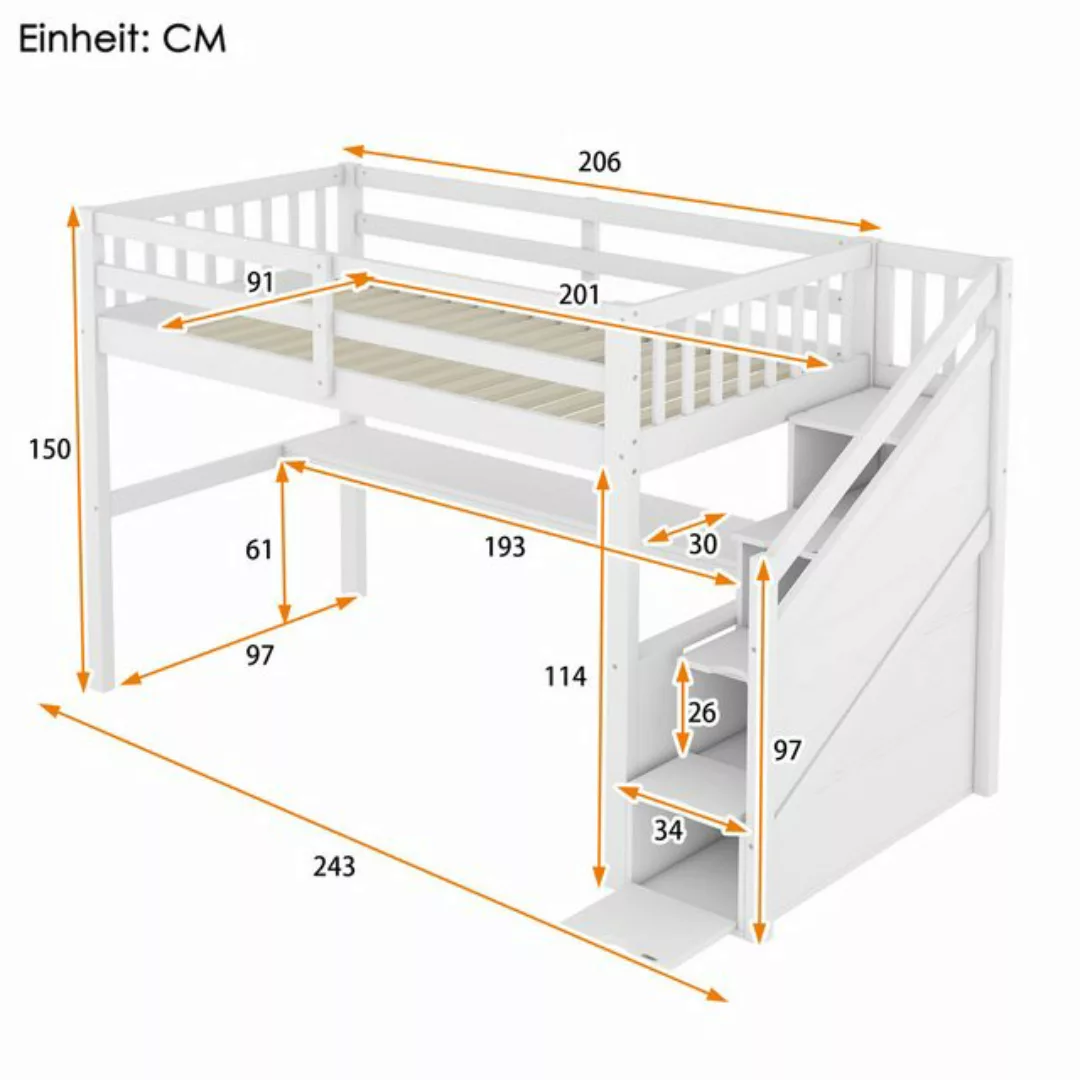 Flieks Hochbett Massivholz Etagenbett Kinderbett 90×200cm mit Treppe und Sc günstig online kaufen