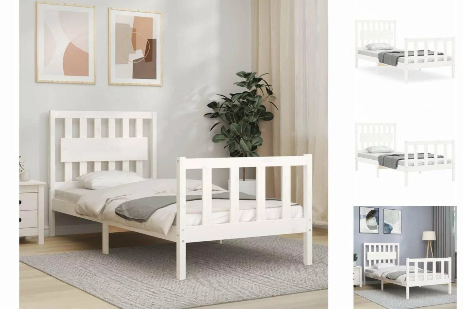 vidaXL Bettgestell Massivholzbett mit Kopfteil Weiß 90x200 cm Bett Bettgest günstig online kaufen