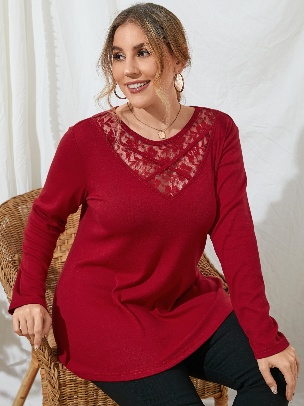 YOINS Plus Größe Patchwork Criss-cross Lace Long Sleeves T-Shirt günstig online kaufen