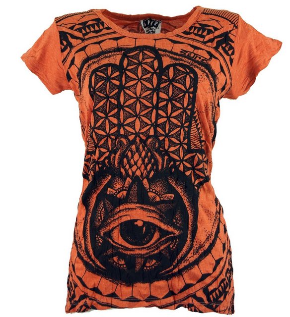 Guru-Shop T-Shirt Sure T-Shirt Fatimas Hand - rostorange Goa Style, alterna günstig online kaufen