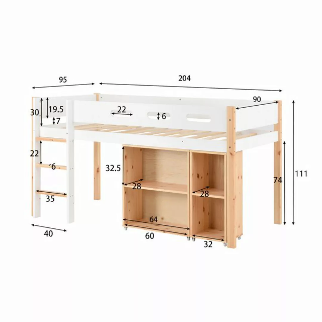 SOFTWEARY Hochbett mit Lattenrost und Regal (90x200 cm) Kinderbett mit Raus günstig online kaufen